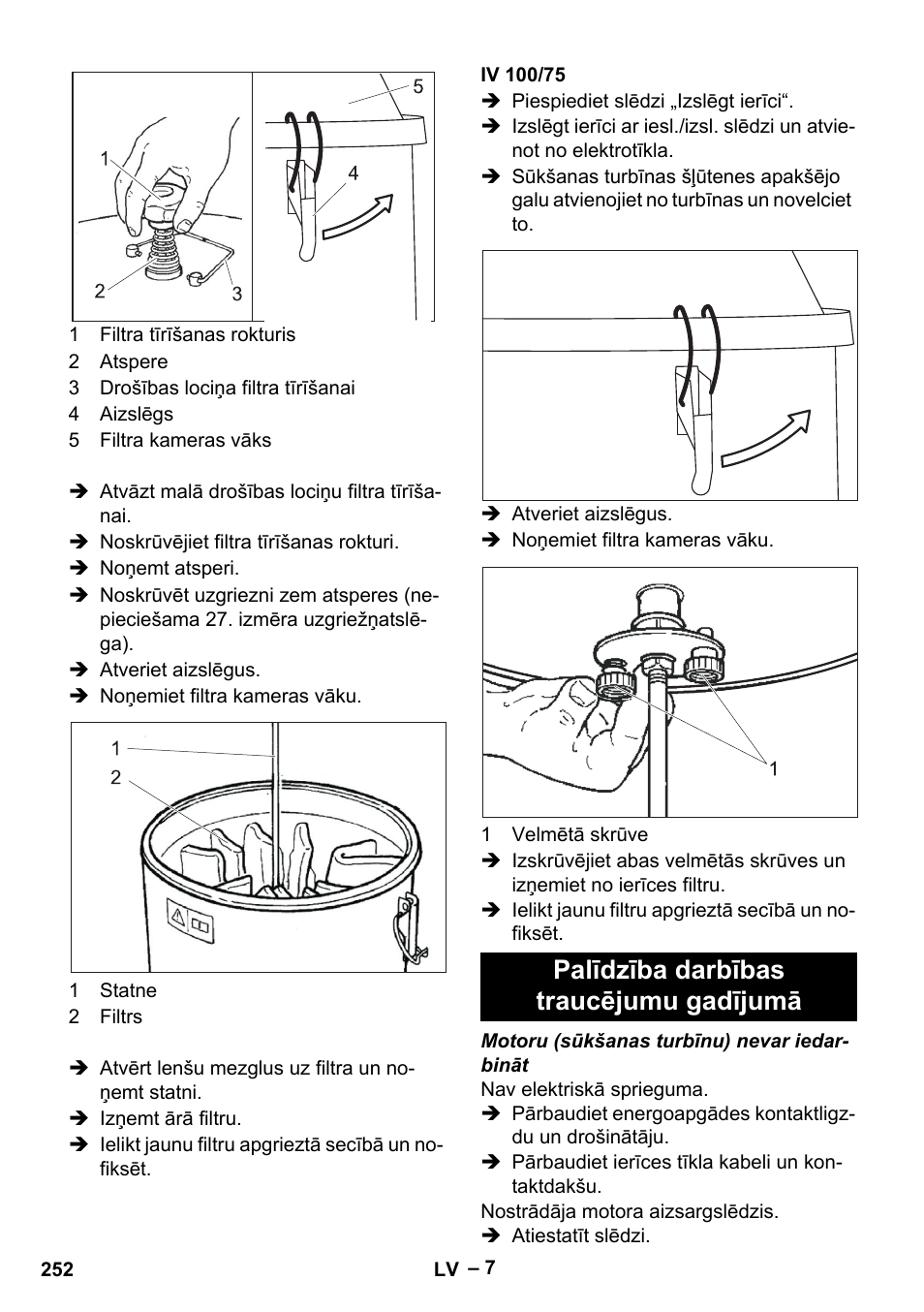 Iv 100/75, Palīdzība darbības traucējumu gadījumā | Karcher IV 100-55 User Manual | Page 252 / 280