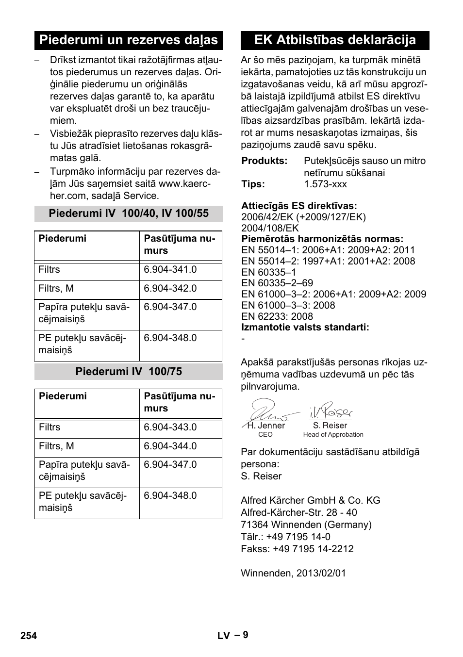 Piederumi un rezerves daļas, Piederumi iv 100/40, iv 100/55, Piederumi iv 100/75 | Ek atbilstības deklarācija | Karcher IV 100-55 User Manual | Page 254 / 280