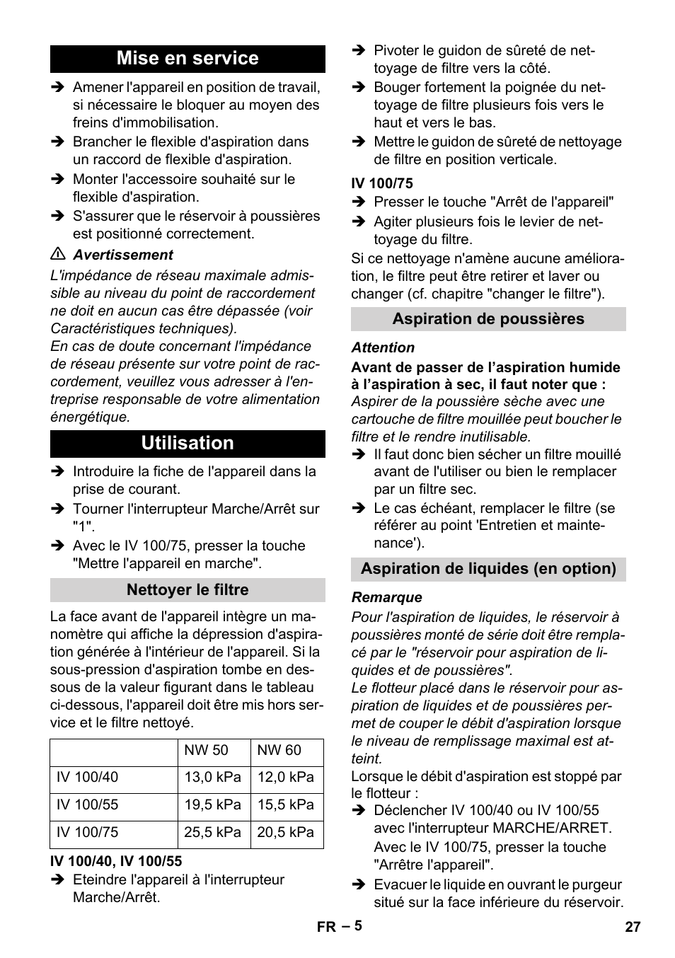 Mise en service, Utilisation, Nettoyer le filtre | Iv 100/40, iv 100/55, Iv 100/75, Aspiration de poussières, Aspiration de liquides (en option), Mise en service utilisation | Karcher IV 100-55 User Manual | Page 27 / 280