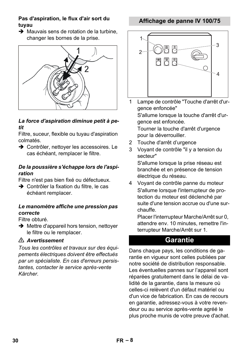 Affichage de panne iv 100/75, Garantie | Karcher IV 100-55 User Manual | Page 30 / 280