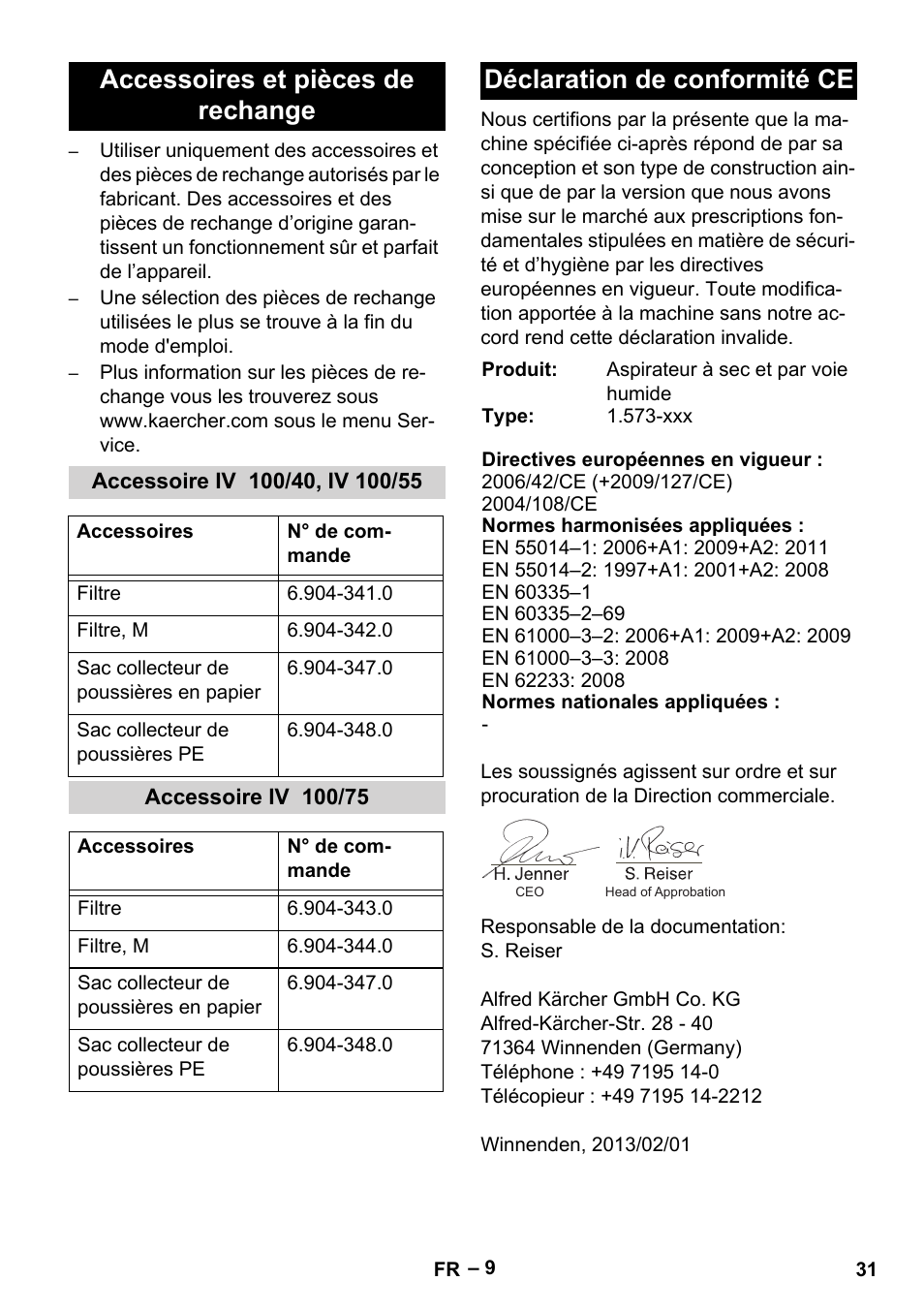 Accessoires et pièces de rechange, Accessoire iv 100/40, iv 100/55, Accessoire iv 100/75 | Déclaration de conformité ce | Karcher IV 100-55 User Manual | Page 31 / 280