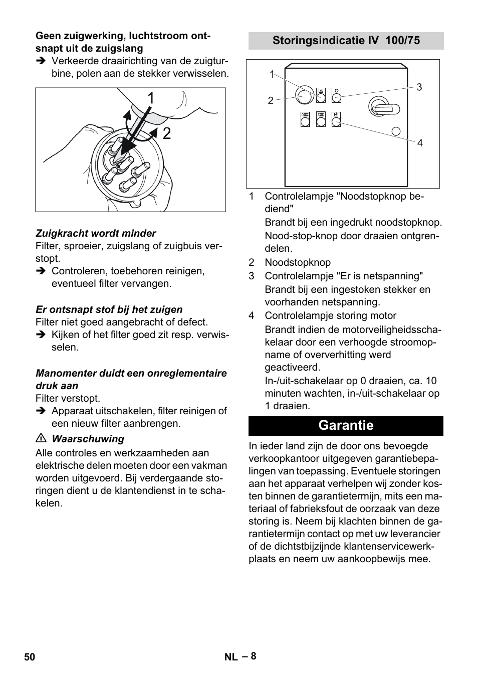 Storingsindicatie iv 100/75, Garantie | Karcher IV 100-55 User Manual | Page 50 / 280