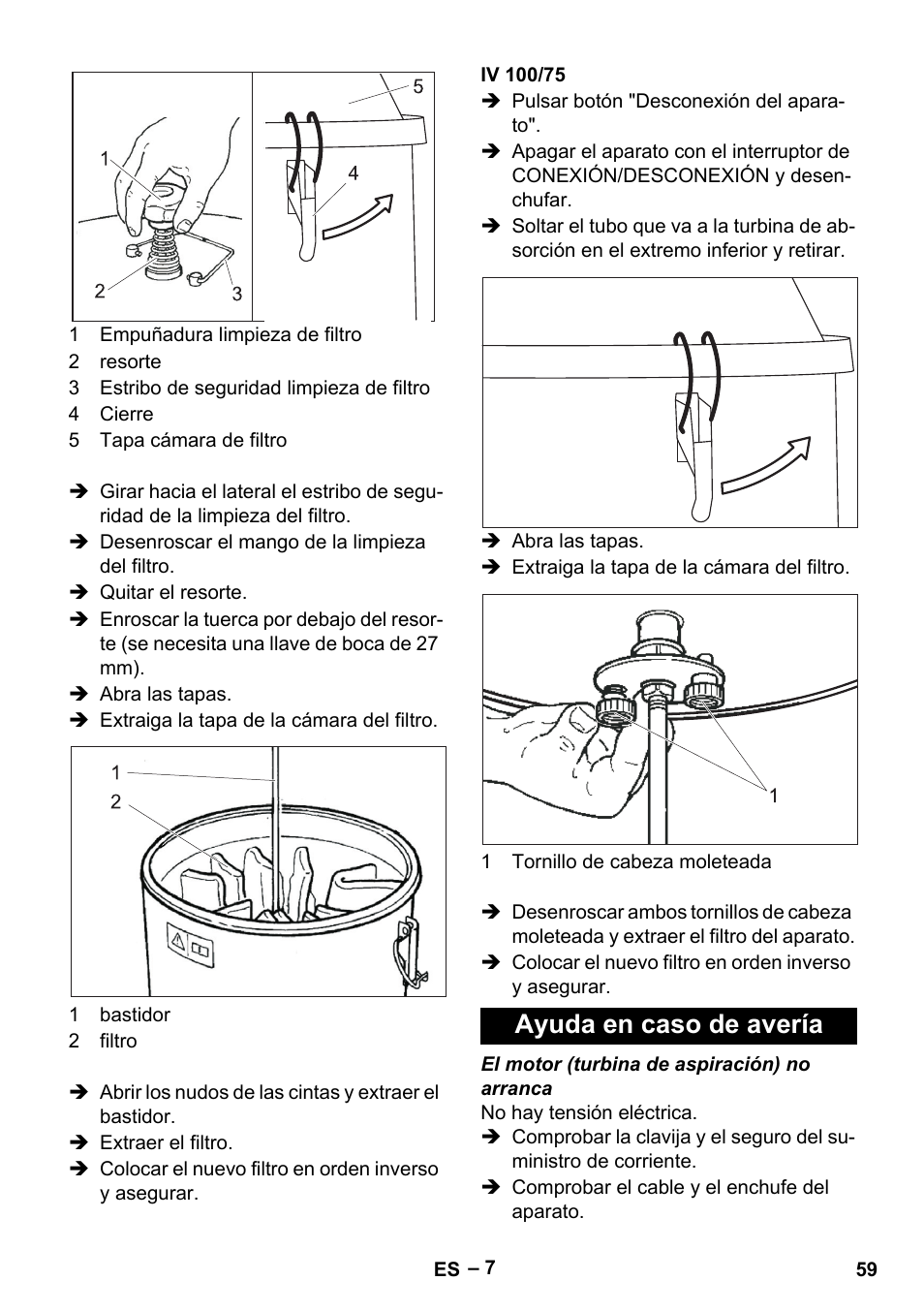 Iv 100/75, Ayuda en caso de avería | Karcher IV 100-55 User Manual | Page 59 / 280