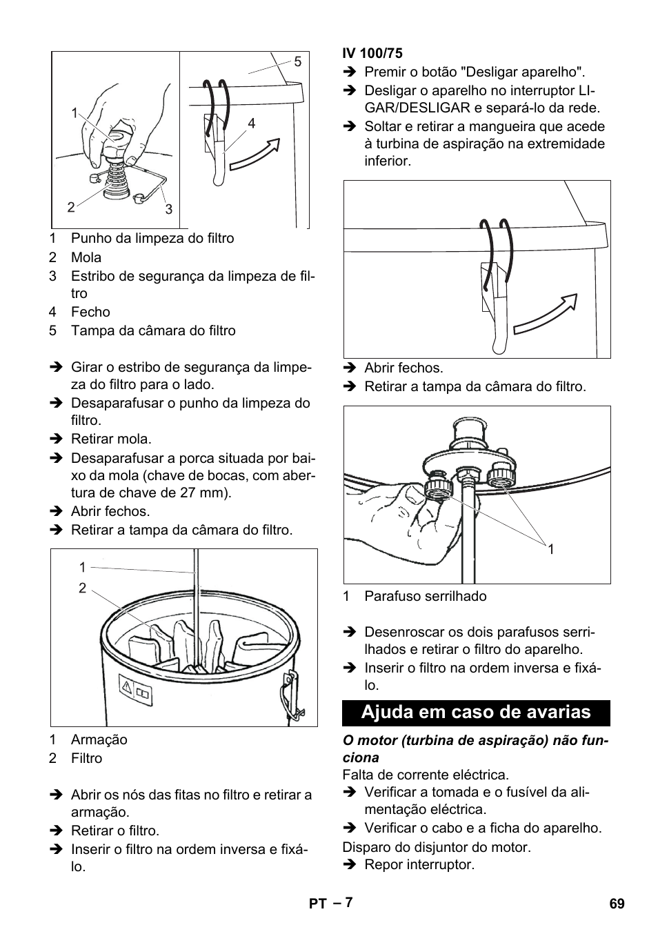 Iv 100/75, Ajuda em caso de avarias | Karcher IV 100-55 User Manual | Page 69 / 280