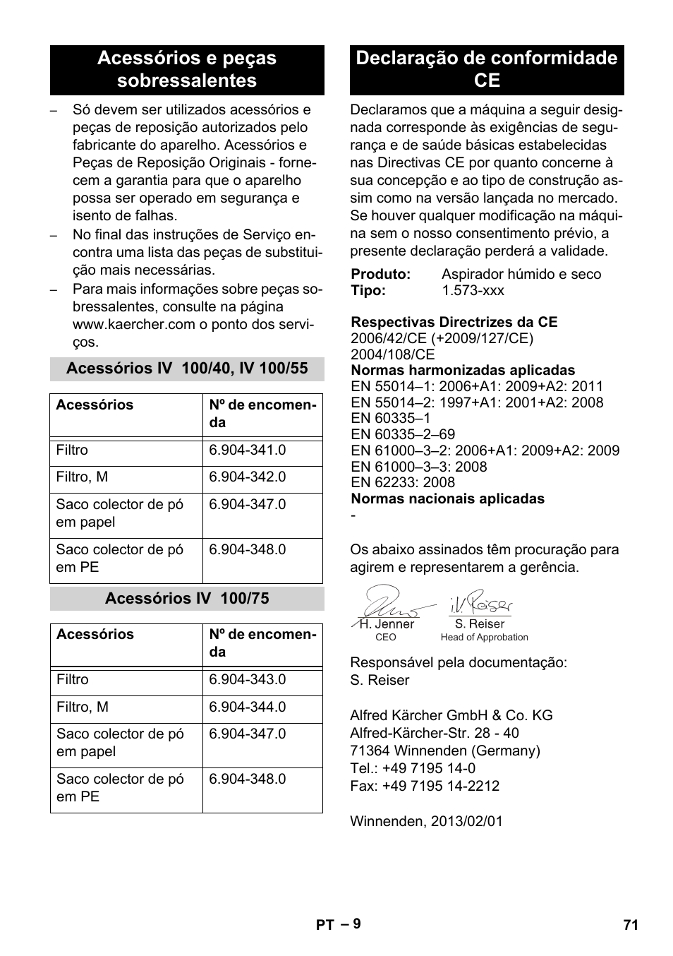 Acessórios e peças sobressalentes, Acessórios iv 100/40, iv 100/55, Acessórios iv 100/75 | Declaração de conformidade ce | Karcher IV 100-55 User Manual | Page 71 / 280