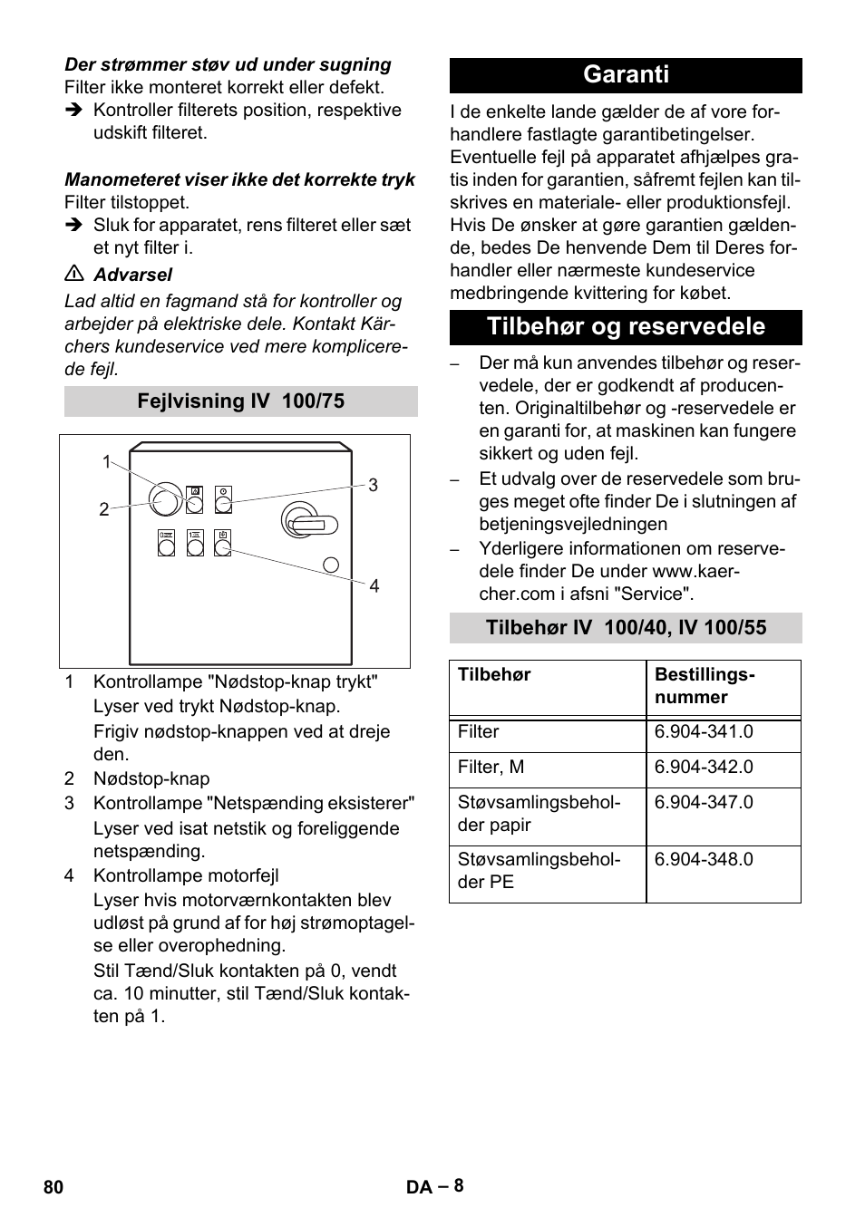 Fejlvisning iv 100/75, Garanti, Tilbehør og reservedele | Tilbehør iv 100/40, iv 100/55, Garanti tilbehør og reservedele | Karcher IV 100-55 User Manual | Page 80 / 280