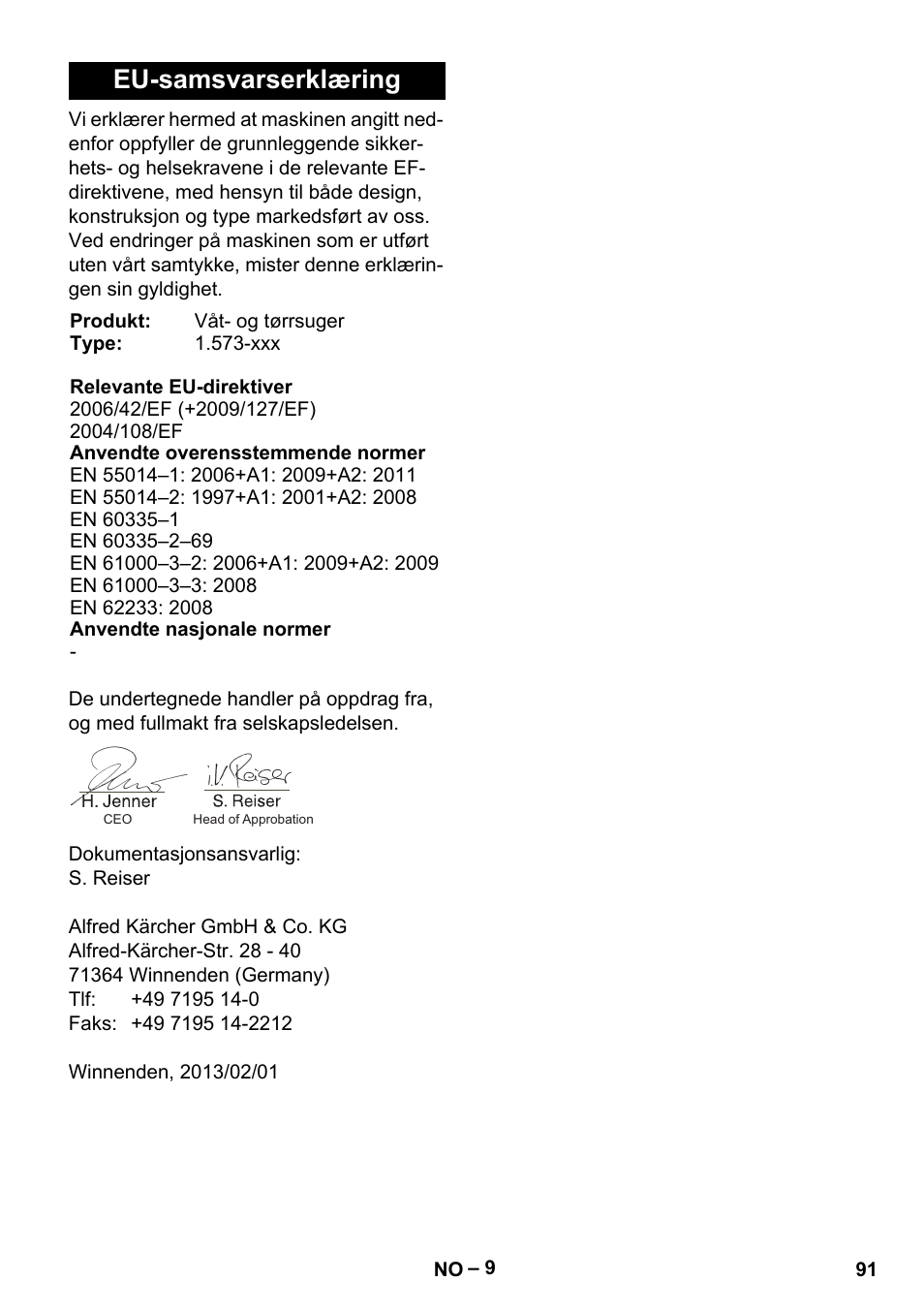 Eu-samsvarserklæring | Karcher IV 100-55 User Manual | Page 91 / 280