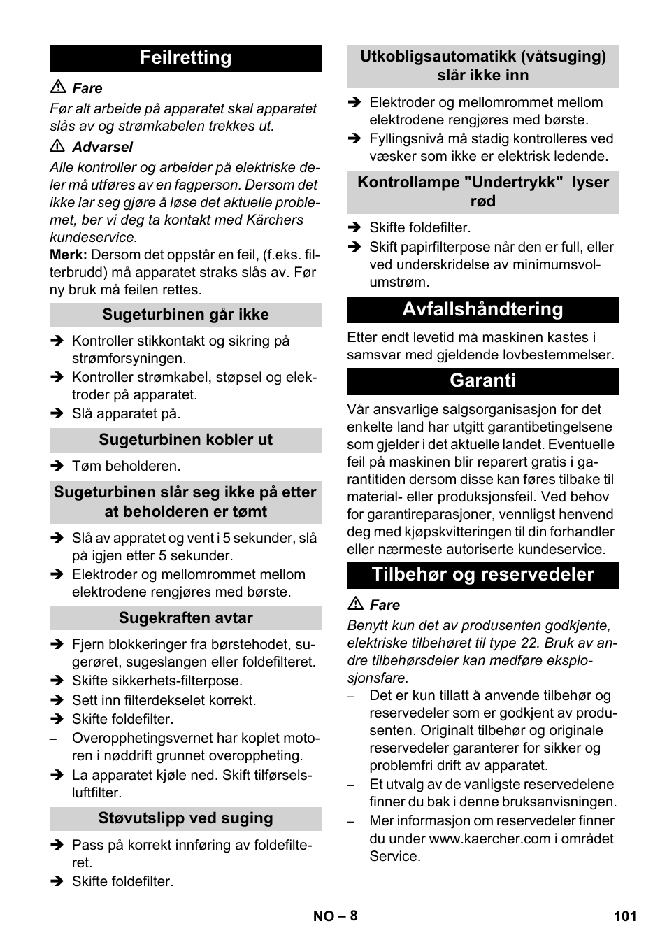 Feilretting, Avfallshåndtering garanti tilbehør og reservedeler | Karcher NT 75-1 Tact Me Te H S Z2 User Manual | Page 101 / 300