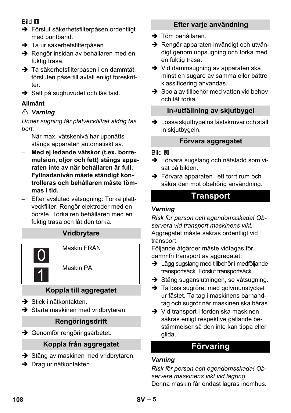 Transport förvaring | Karcher NT 75-1 Tact Me Te H S Z2 User Manual | Page 108 / 300