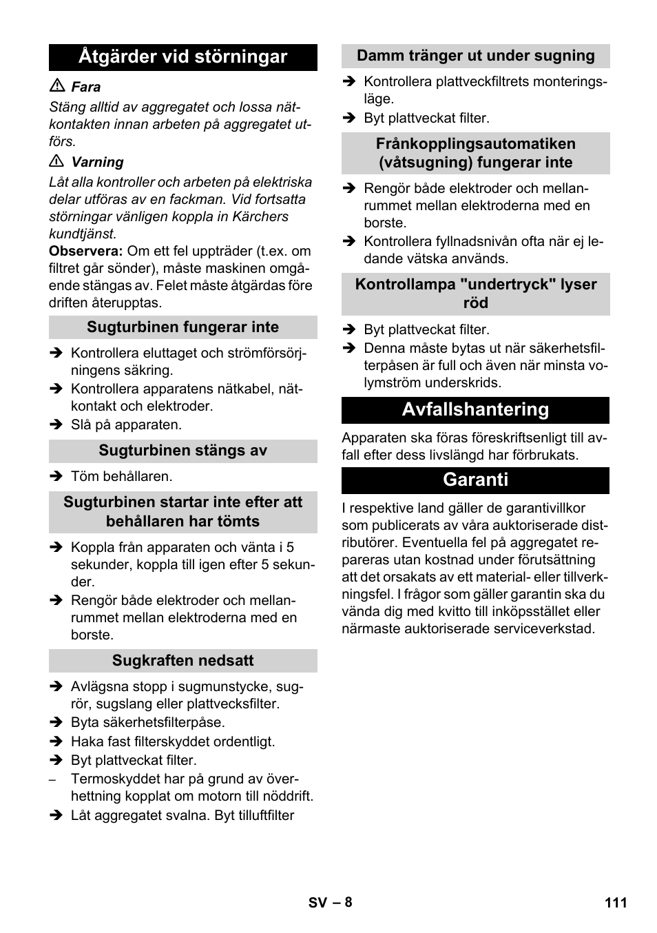 Åtgärder vid störningar, Avfallshantering garanti | Karcher NT 75-1 Tact Me Te H S Z2 User Manual | Page 111 / 300