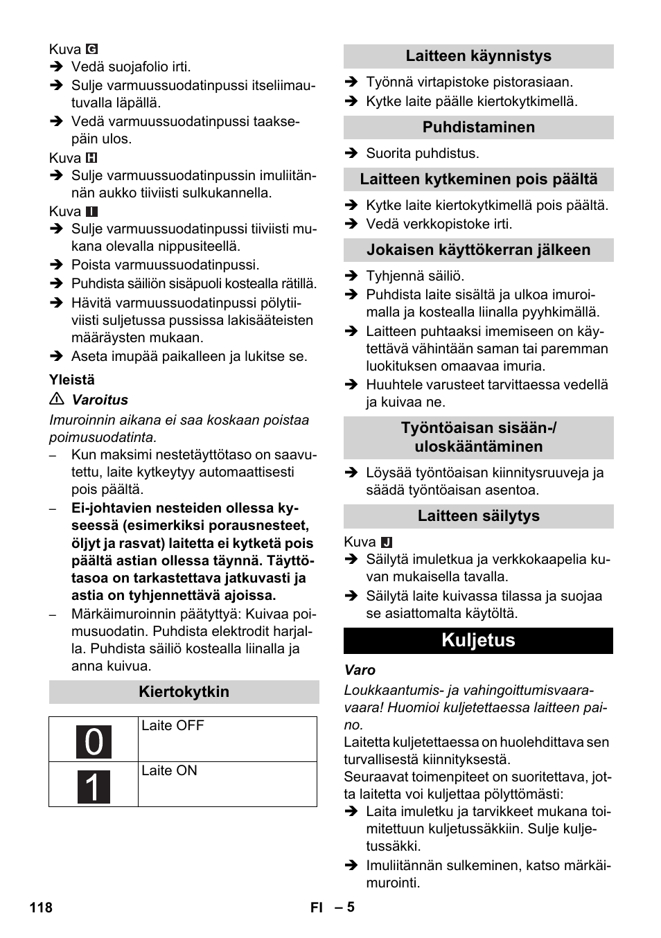 Kuljetus | Karcher NT 75-1 Tact Me Te H S Z2 User Manual | Page 118 / 300