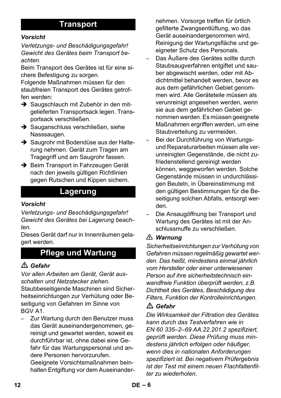 Transport lagerung pflege und wartung | Karcher NT 75-1 Tact Me Te H S Z2 User Manual | Page 12 / 300