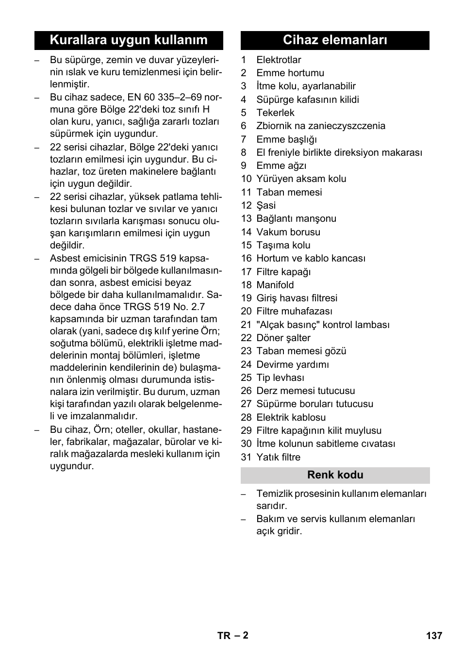 Kurallara uygun kullanım cihaz elemanları | Karcher NT 75-1 Tact Me Te H S Z2 User Manual | Page 137 / 300