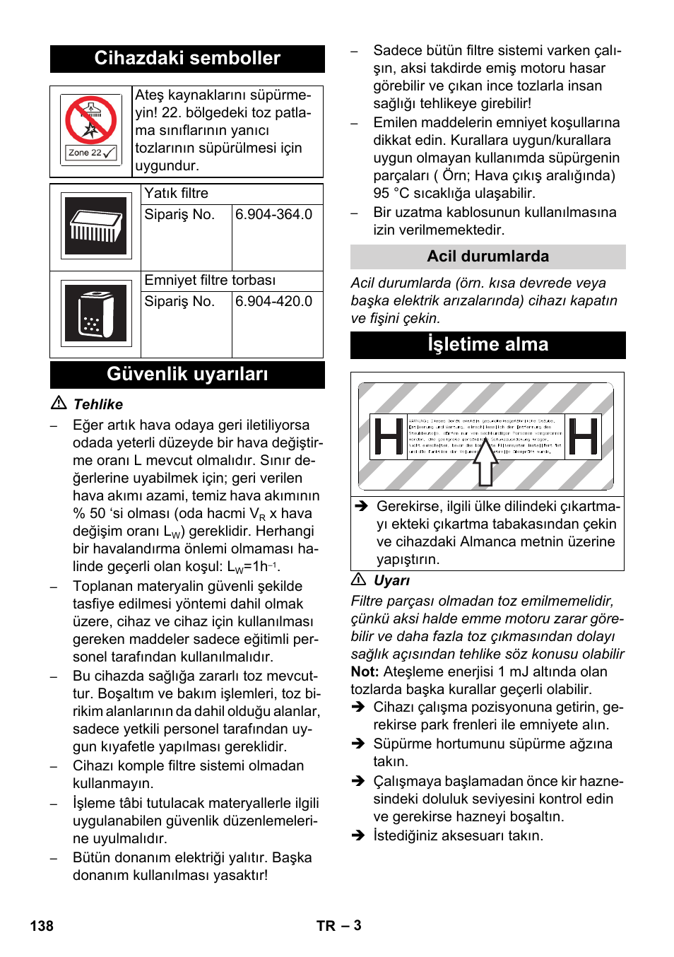 Cihazdaki semboller, Güvenlik uyarıları, Işletime alma | Karcher NT 75-1 Tact Me Te H S Z2 User Manual | Page 138 / 300