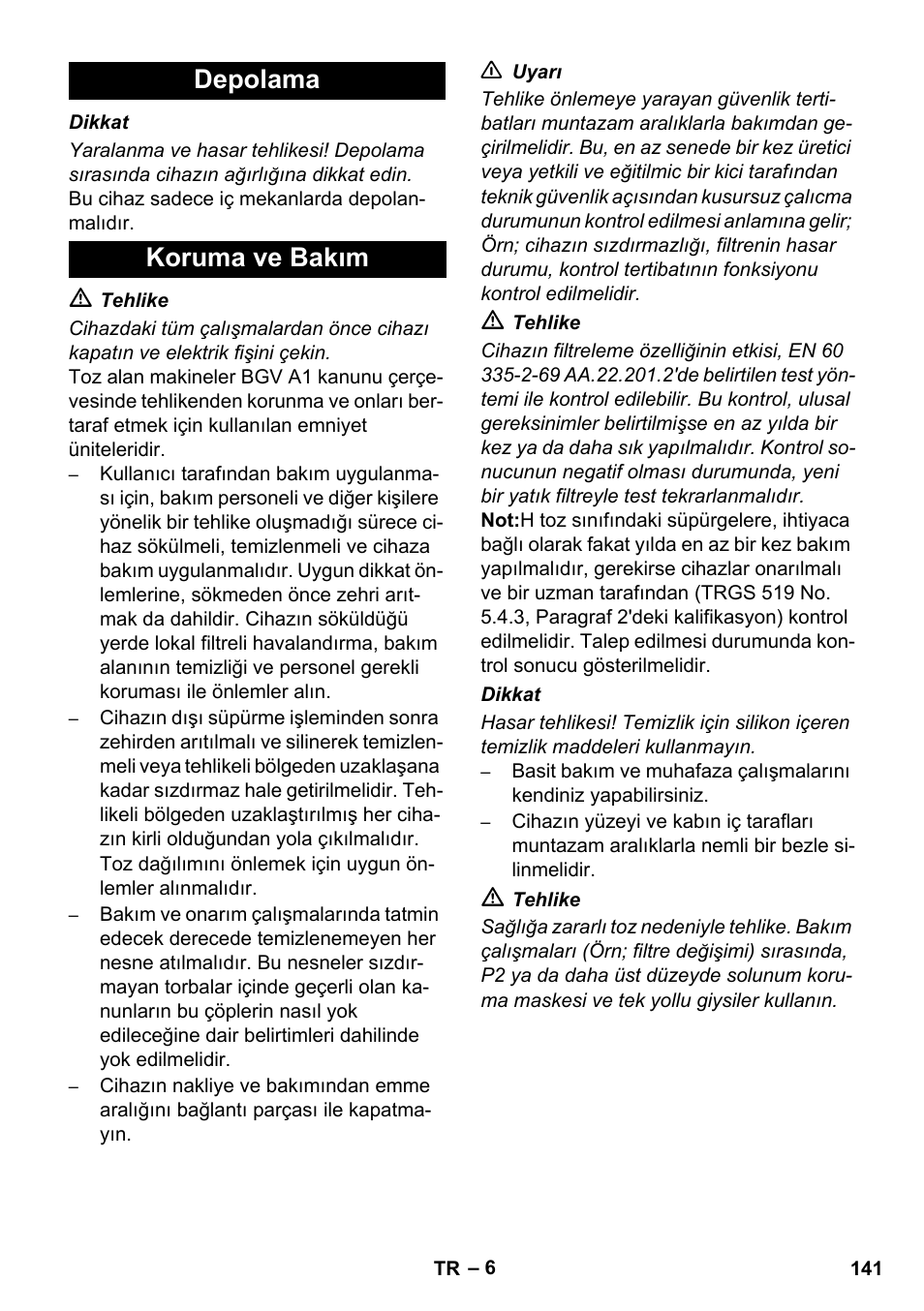 Depolama koruma ve bakım | Karcher NT 75-1 Tact Me Te H S Z2 User Manual | Page 141 / 300