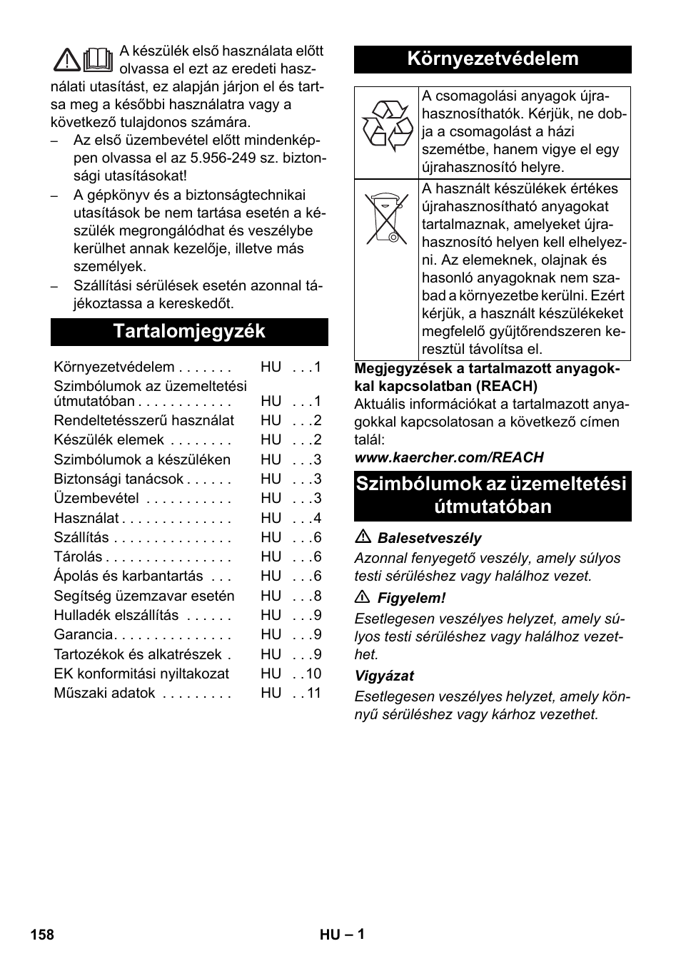 Magyar, Tartalomjegyzék, Környezetvédelem | Szimbólumok az üzemeltetési útmutatóban | Karcher NT 75-1 Tact Me Te H S Z2 User Manual | Page 158 / 300