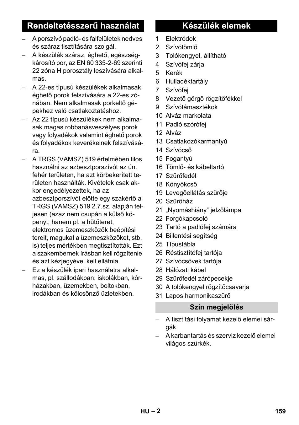 Rendeltetésszerű használat készülék elemek | Karcher NT 75-1 Tact Me Te H S Z2 User Manual | Page 159 / 300