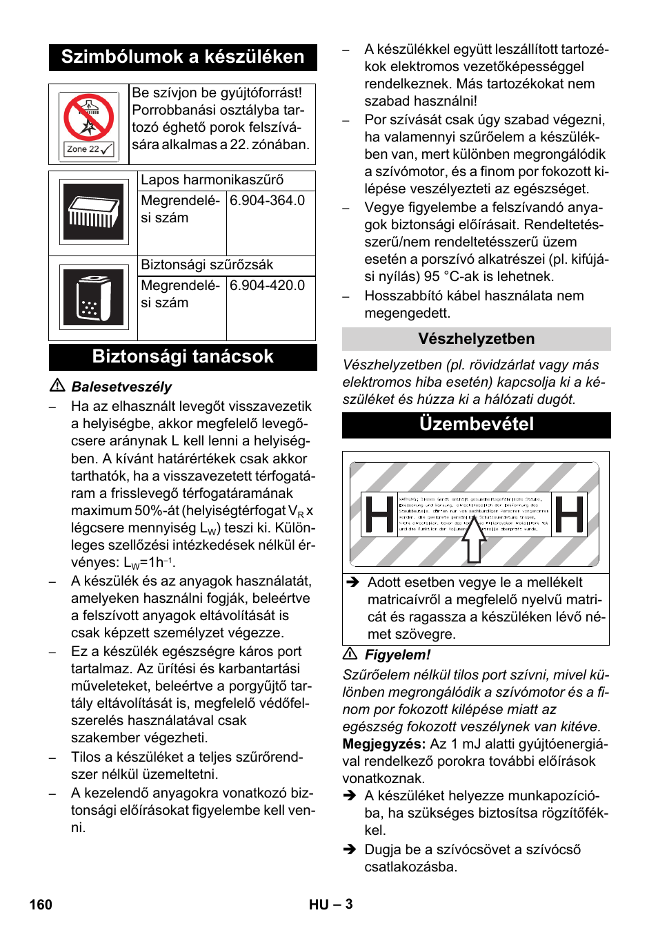 Szimbólumok a készüléken, Biztonsági tanácsok, Üzembevétel | Karcher NT 75-1 Tact Me Te H S Z2 User Manual | Page 160 / 300