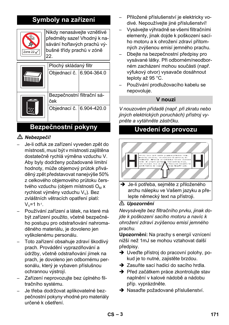 Symboly na zařízení, Bezpečnostní pokyny, Uvedení do provozu | Karcher NT 75-1 Tact Me Te H S Z2 User Manual | Page 171 / 300