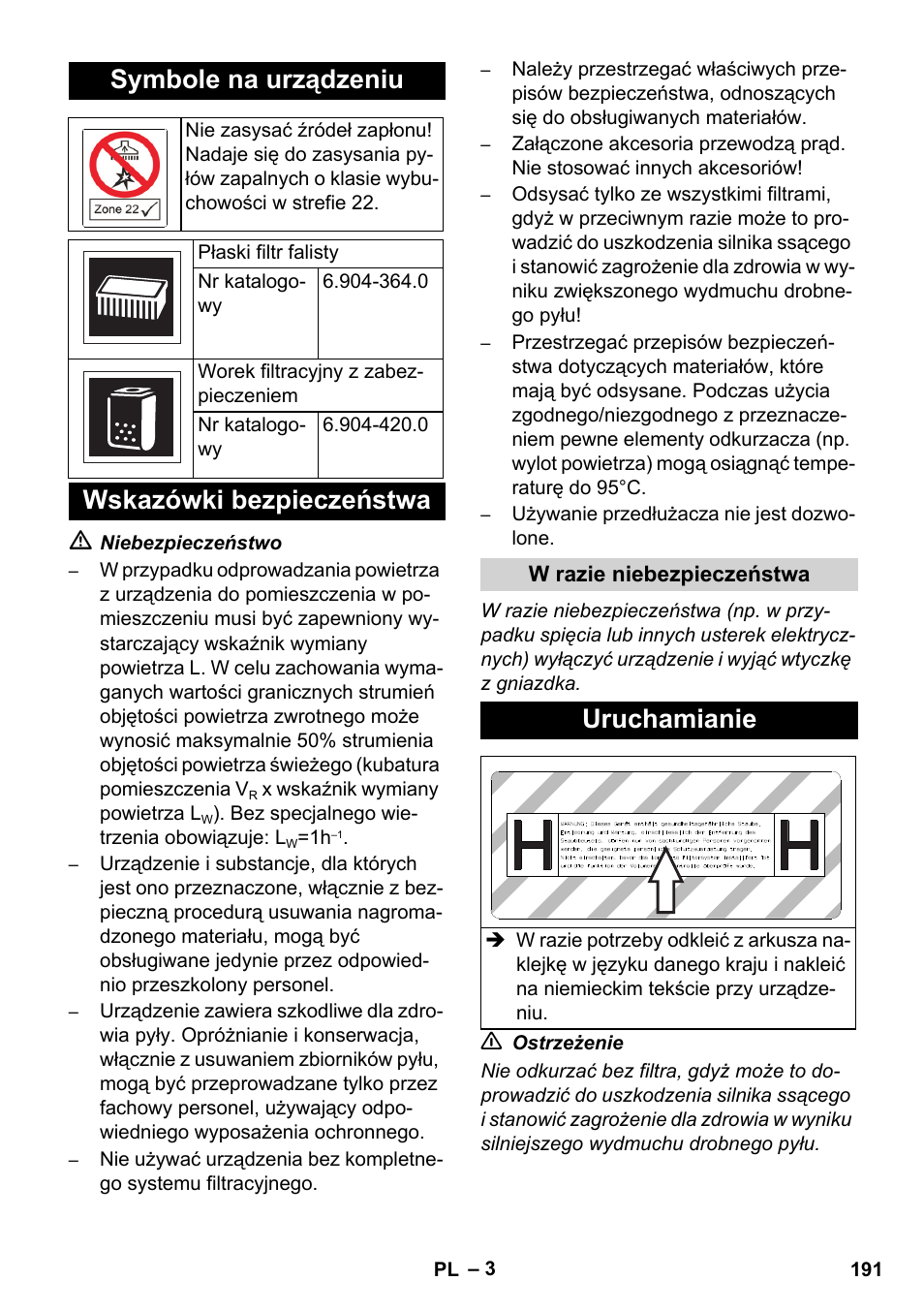 Symbole na urządzeniu, Wskazówki bezpieczeństwa, Uruchamianie | Karcher NT 75-1 Tact Me Te H S Z2 User Manual | Page 191 / 300