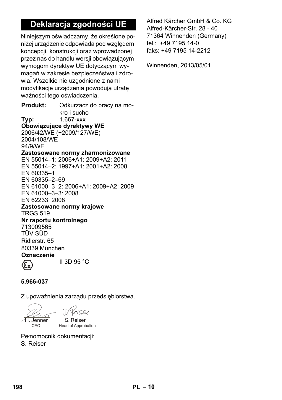 Deklaracja zgodności ue | Karcher NT 75-1 Tact Me Te H S Z2 User Manual | Page 198 / 300