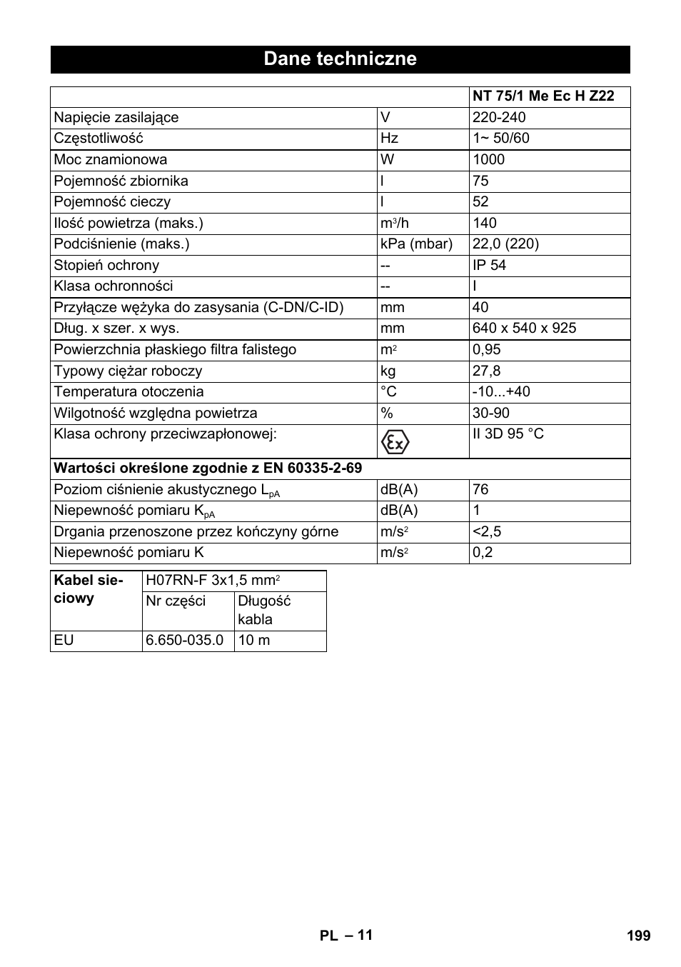 Dane techniczne | Karcher NT 75-1 Tact Me Te H S Z2 User Manual | Page 199 / 300