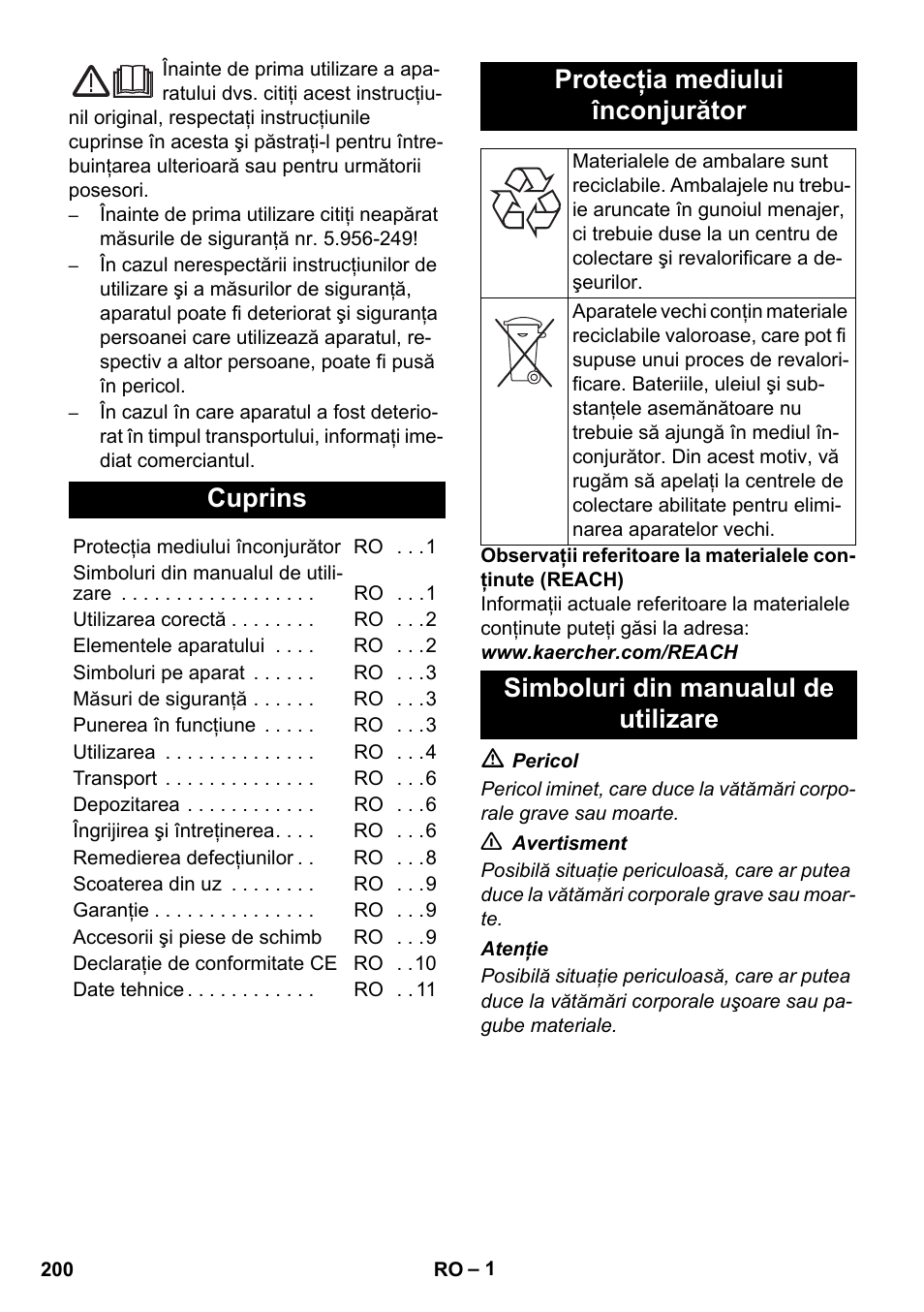 Româneşte, Cuprins, Protecţia mediului înconjurător | Simboluri din manualul de utilizare | Karcher NT 75-1 Tact Me Te H S Z2 User Manual | Page 200 / 300