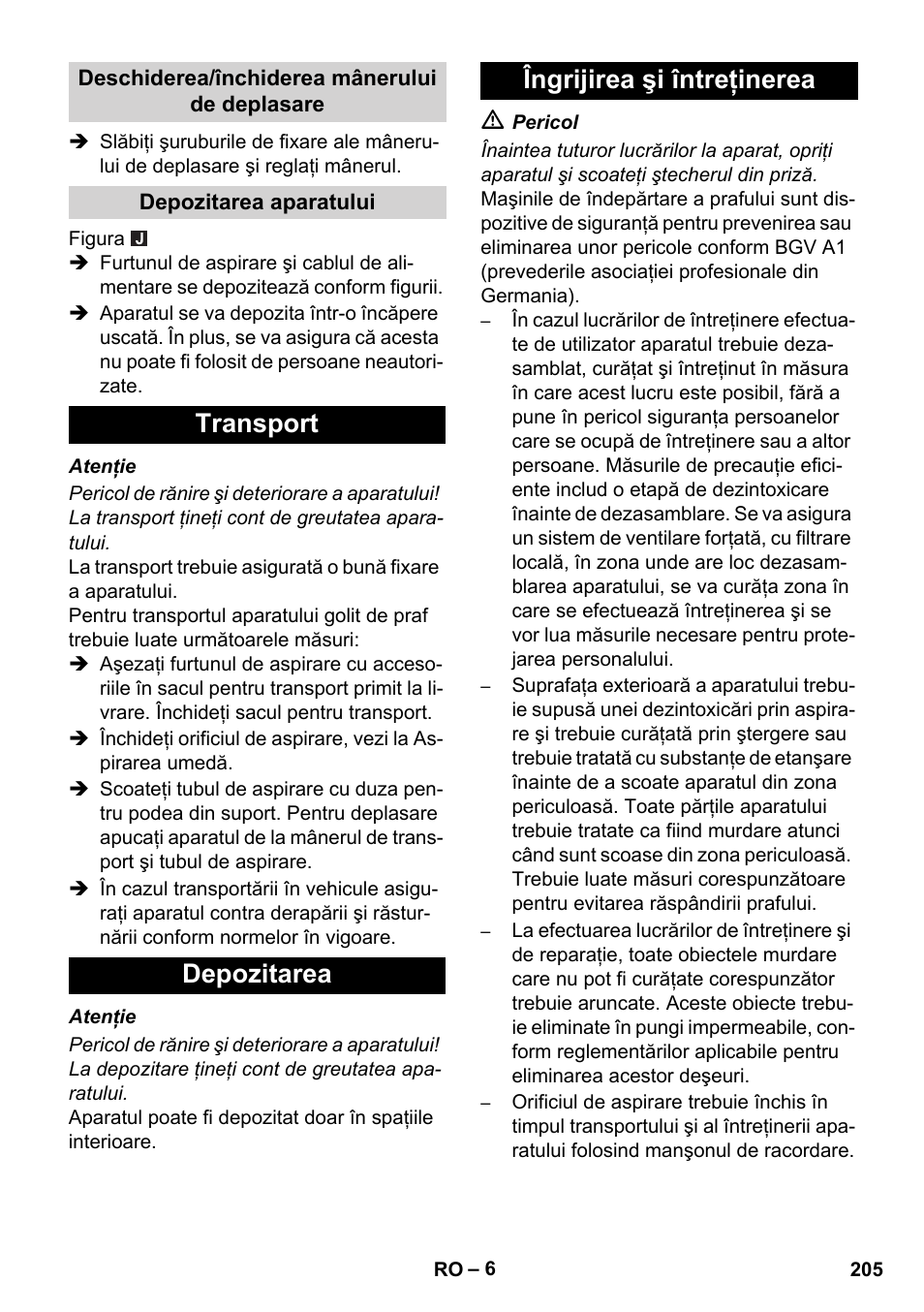 Transport depozitarea îngrijirea şi întreţinerea | Karcher NT 75-1 Tact Me Te H S Z2 User Manual | Page 205 / 300