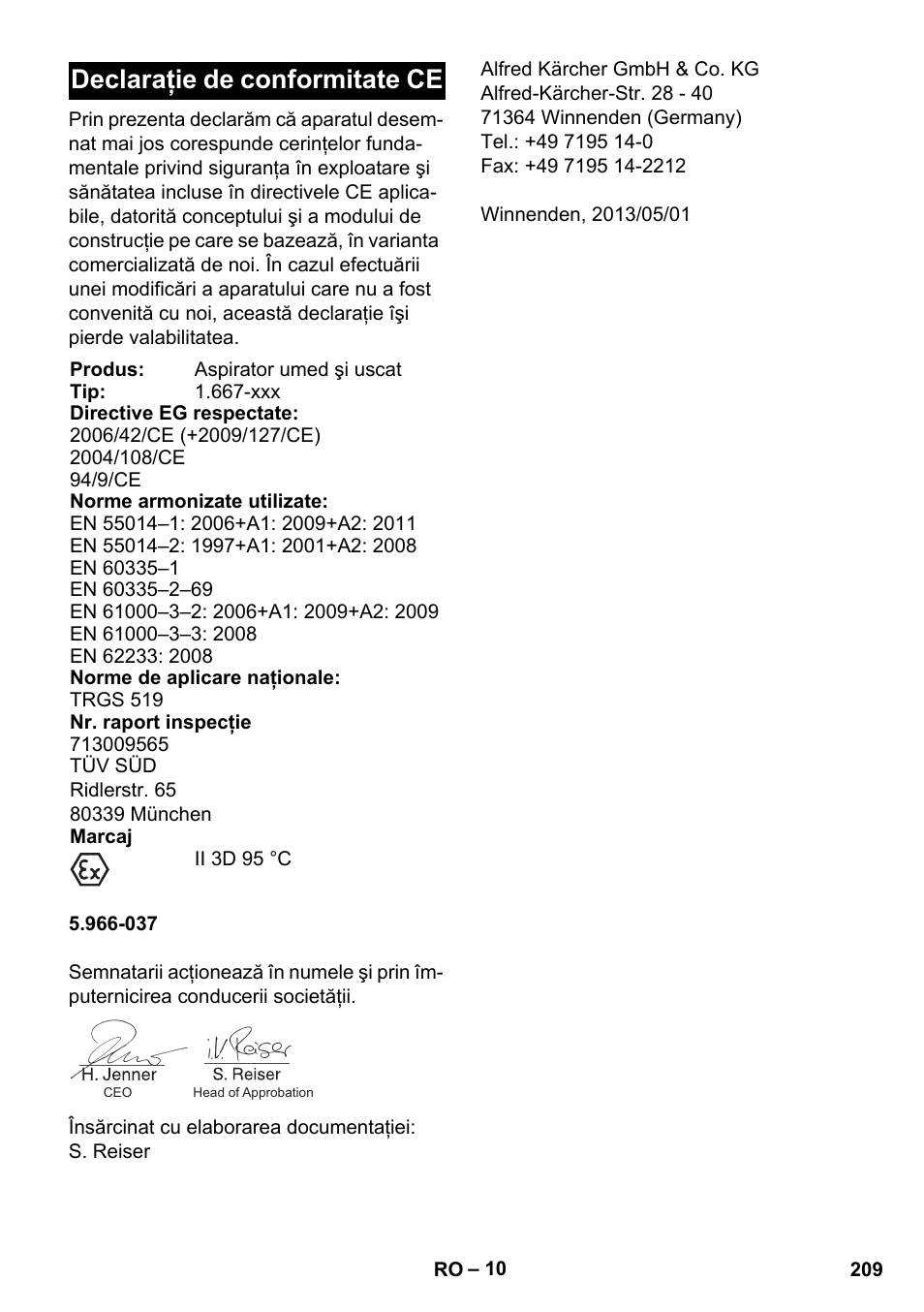 Declaraţie de conformitate ce | Karcher NT 75-1 Tact Me Te H S Z2 User Manual | Page 209 / 300