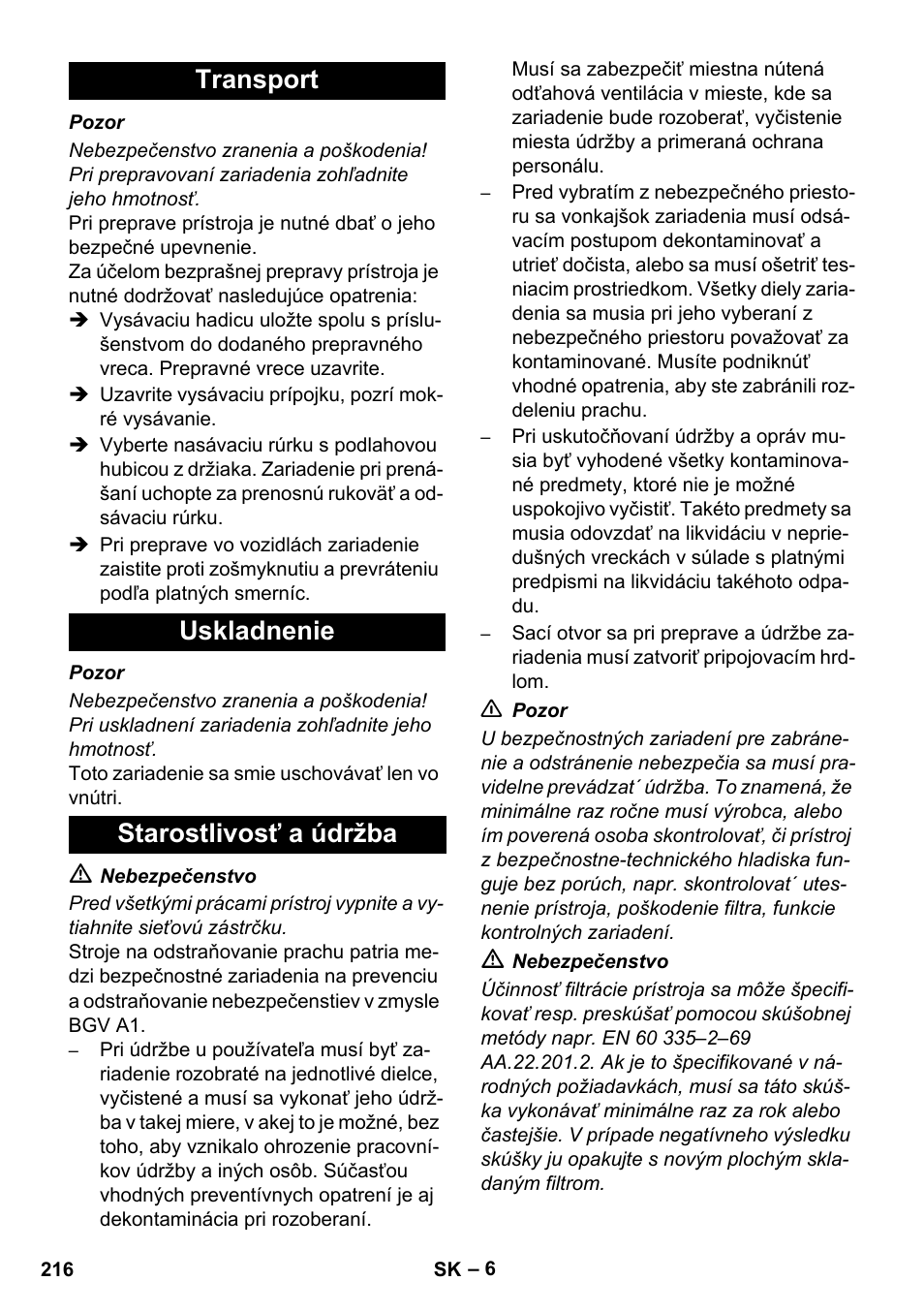 Transport uskladnenie starostlivosť a údržba | Karcher NT 75-1 Tact Me Te H S Z2 User Manual | Page 216 / 300