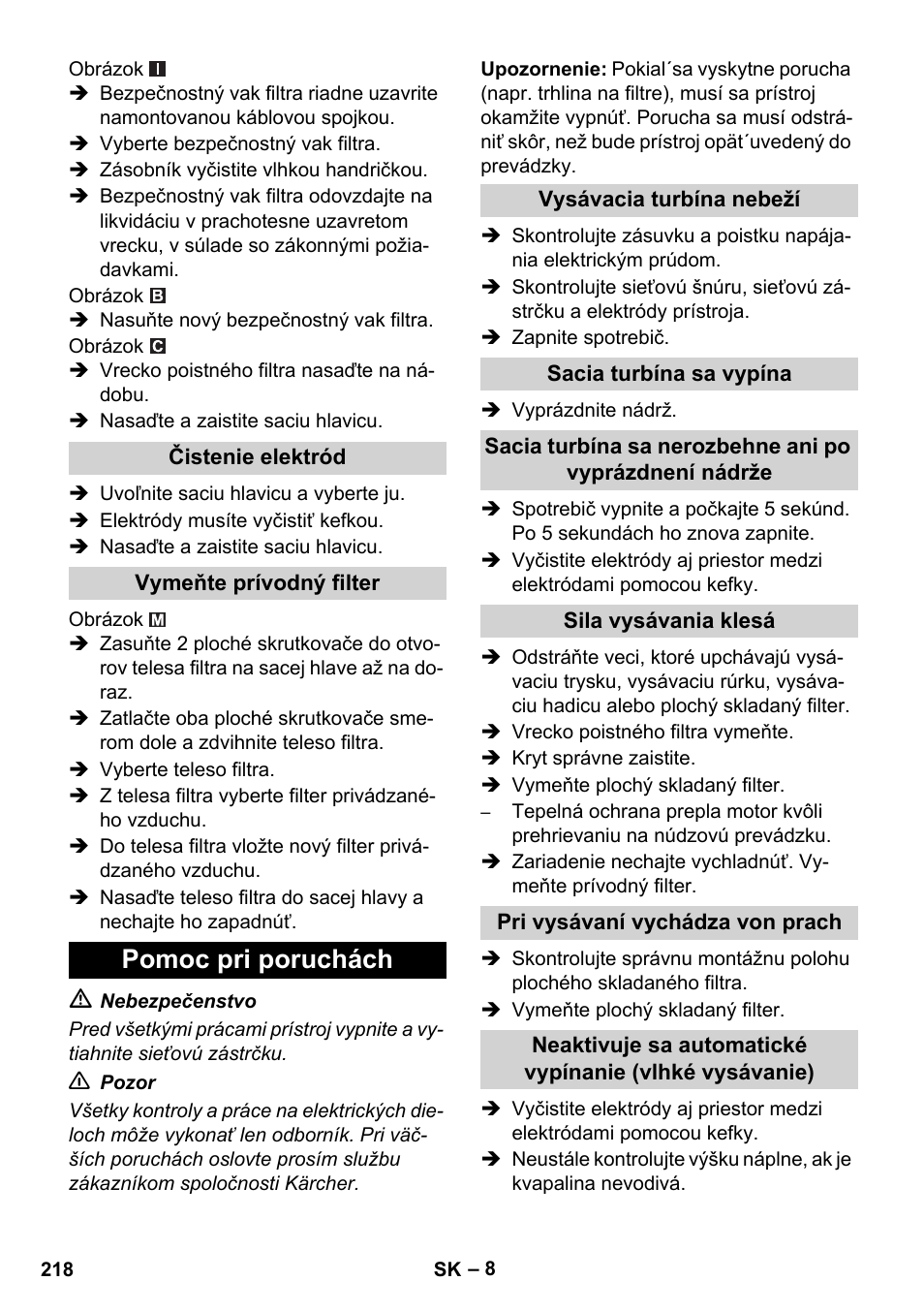 Pomoc pri poruchách | Karcher NT 75-1 Tact Me Te H S Z2 User Manual | Page 218 / 300