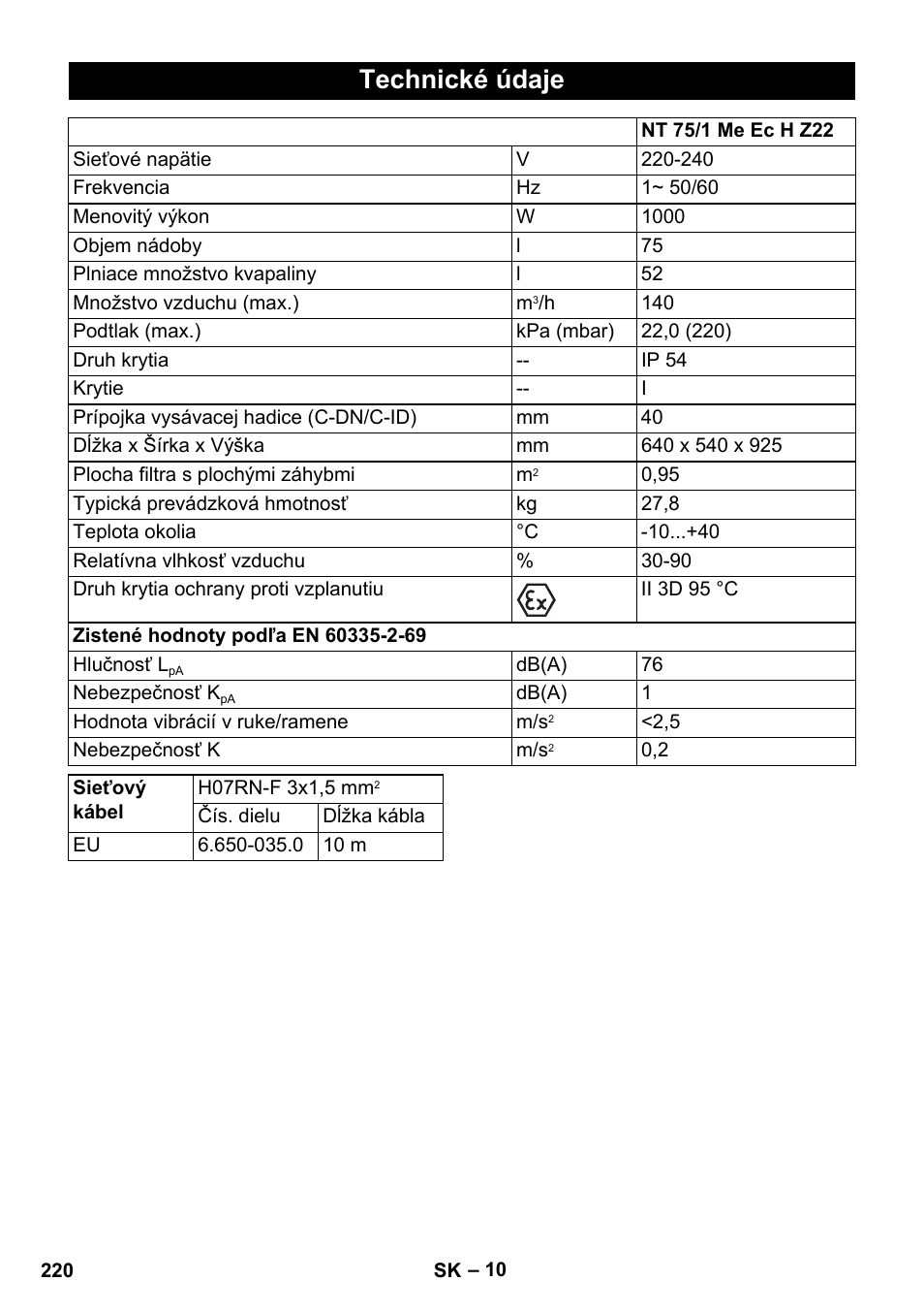 Technické údaje | Karcher NT 75-1 Tact Me Te H S Z2 User Manual | Page 220 / 300