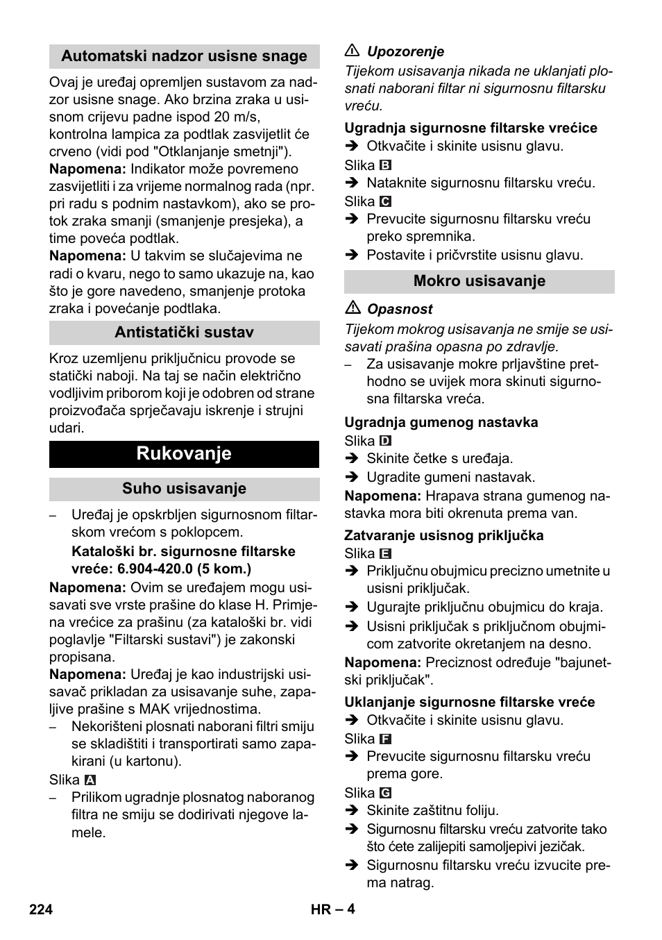 Rukovanje | Karcher NT 75-1 Tact Me Te H S Z2 User Manual | Page 224 / 300