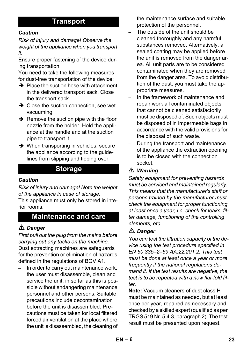 Transport storage maintenance and care | Karcher NT 75-1 Tact Me Te H S Z2 User Manual | Page 23 / 300