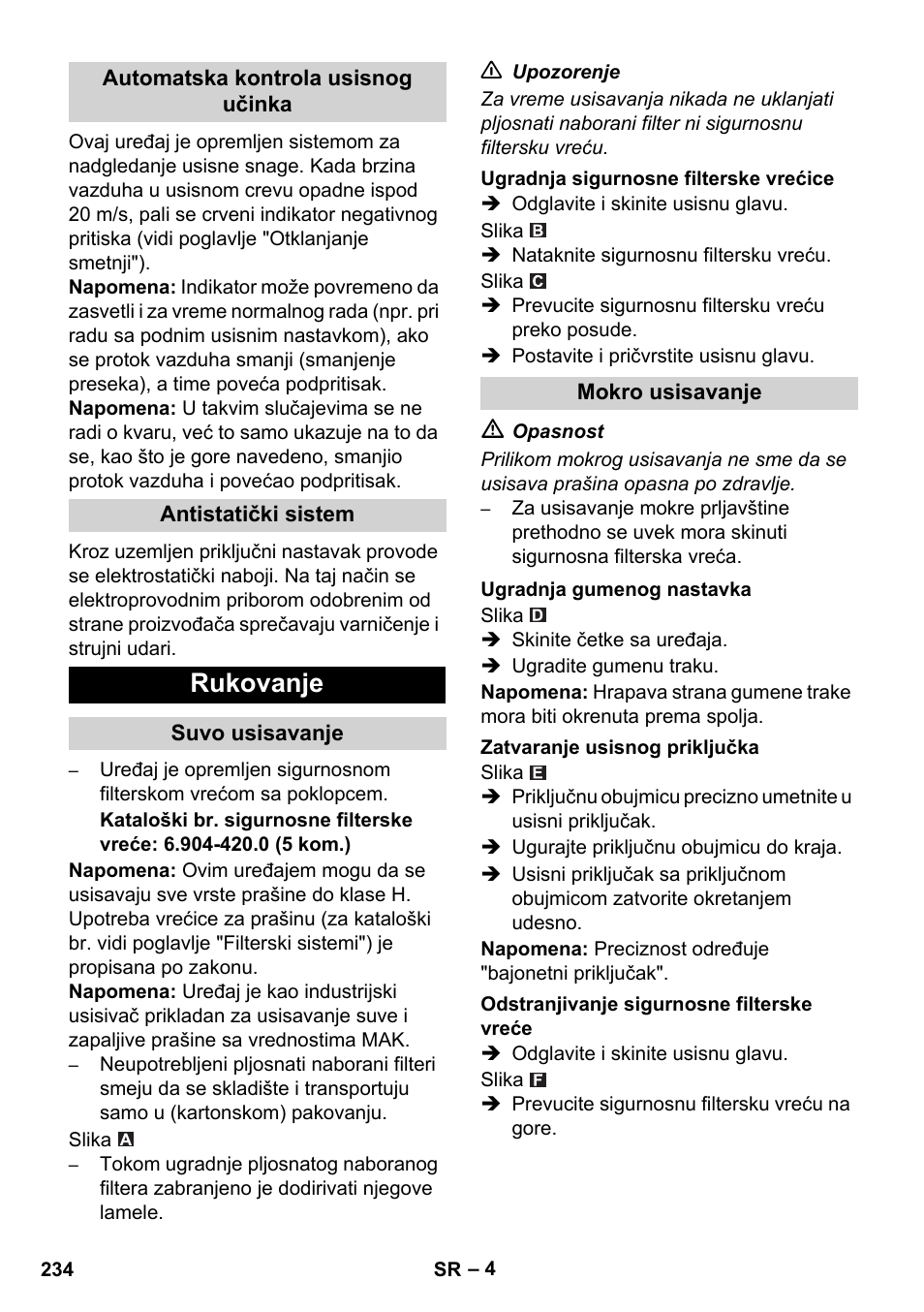 Rukovanje | Karcher NT 75-1 Tact Me Te H S Z2 User Manual | Page 234 / 300