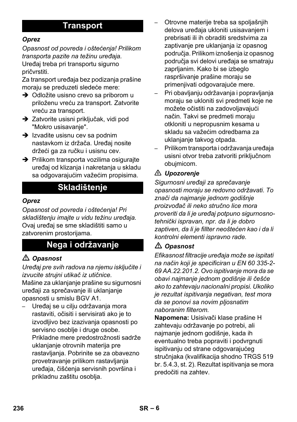 Transport skladištenje nega i održavanje | Karcher NT 75-1 Tact Me Te H S Z2 User Manual | Page 236 / 300