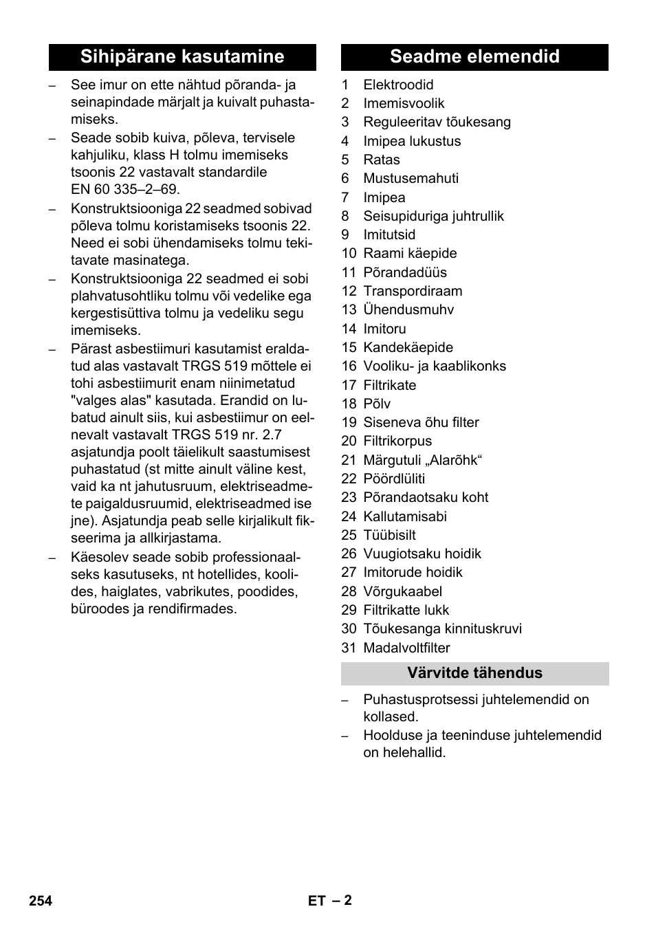 Sihipärane kasutamine seadme elemendid | Karcher NT 75-1 Tact Me Te H S Z2 User Manual | Page 254 / 300