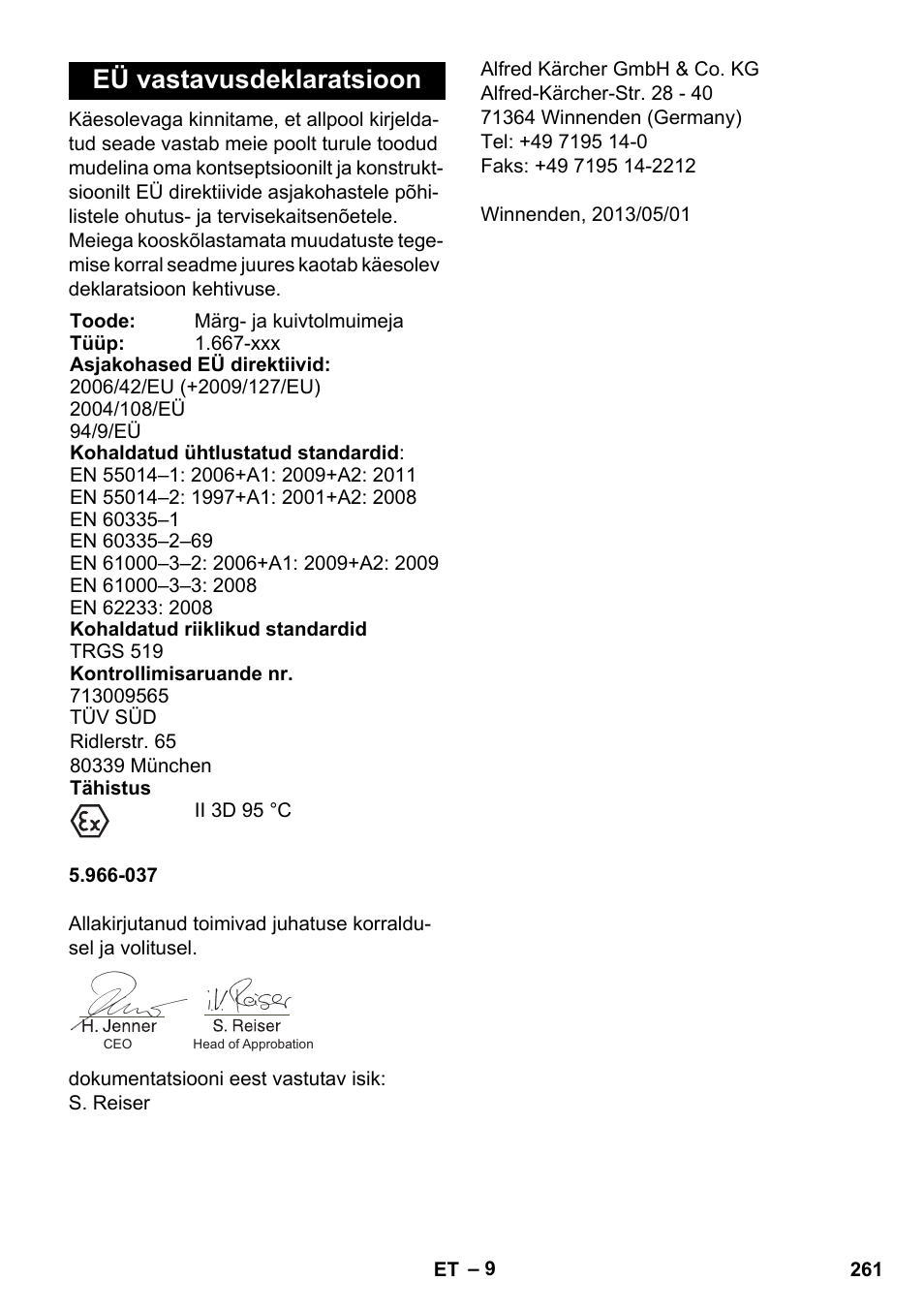 Eü vastavusdeklaratsioon | Karcher NT 75-1 Tact Me Te H S Z2 User Manual | Page 261 / 300