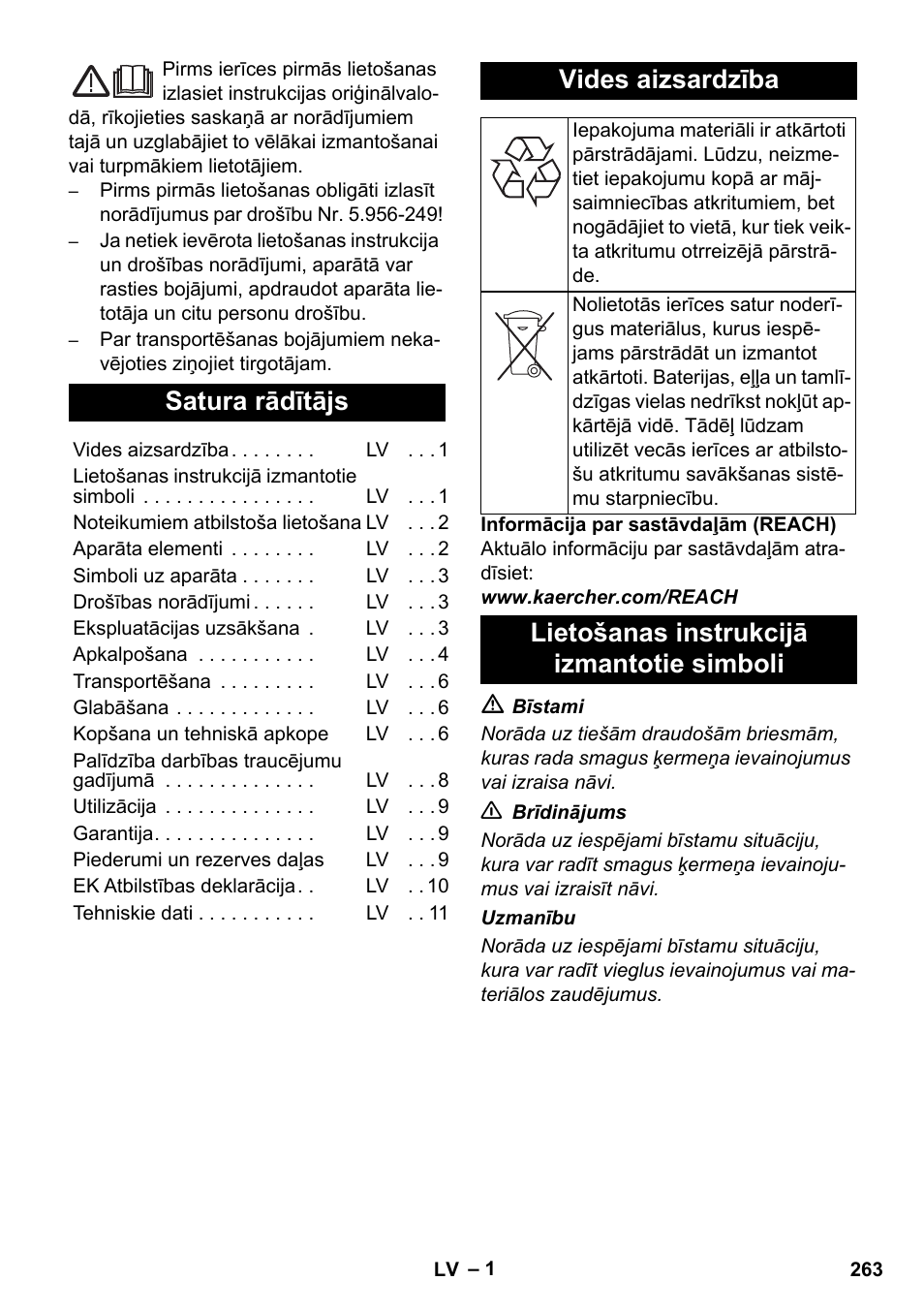 Latviešu, Satura rādītājs, Vides aizsardzība | Lietošanas instrukcijā izmantotie simboli | Karcher NT 75-1 Tact Me Te H S Z2 User Manual | Page 263 / 300