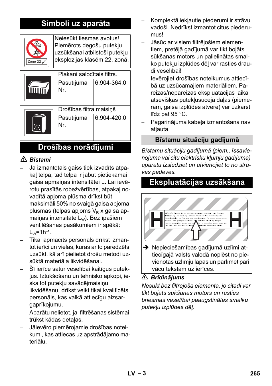 Simboli uz aparāta, Drošības norādījumi, Ekspluatācijas uzsākšana | Karcher NT 75-1 Tact Me Te H S Z2 User Manual | Page 265 / 300