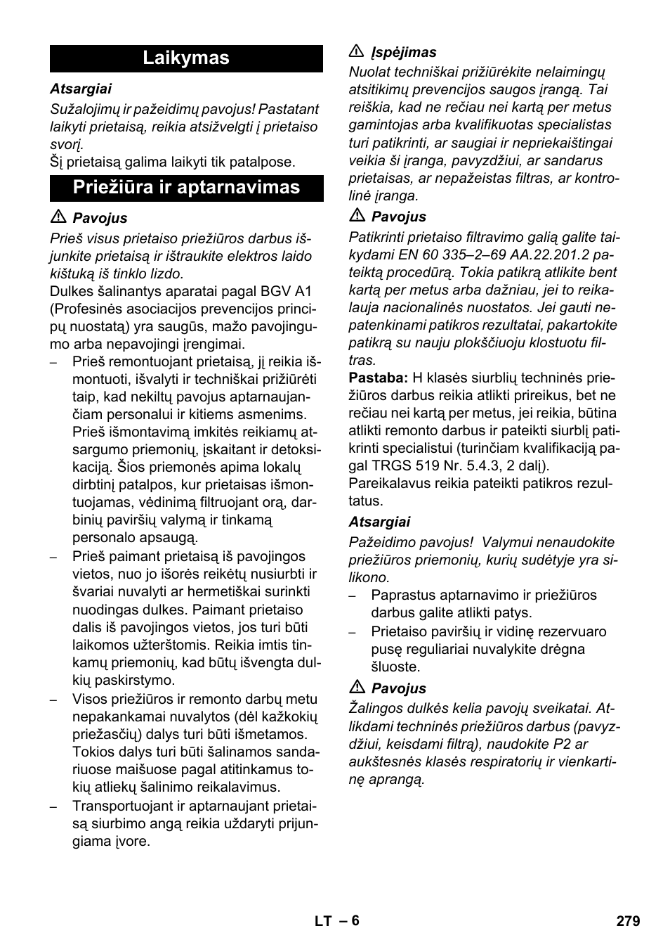 Laikymas priežiūra ir aptarnavimas | Karcher NT 75-1 Tact Me Te H S Z2 User Manual | Page 279 / 300