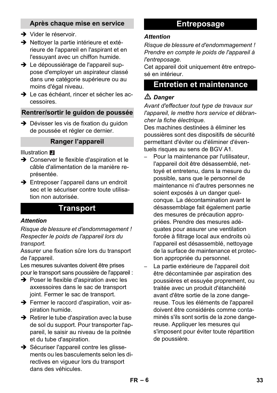 Transport entreposage entretien et maintenance | Karcher NT 75-1 Tact Me Te H S Z2 User Manual | Page 33 / 300