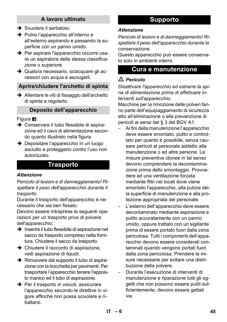 Trasporto supporto cura e manutenzione | Karcher NT 75-1 Tact Me Te H S Z2 User Manual | Page 45 / 300