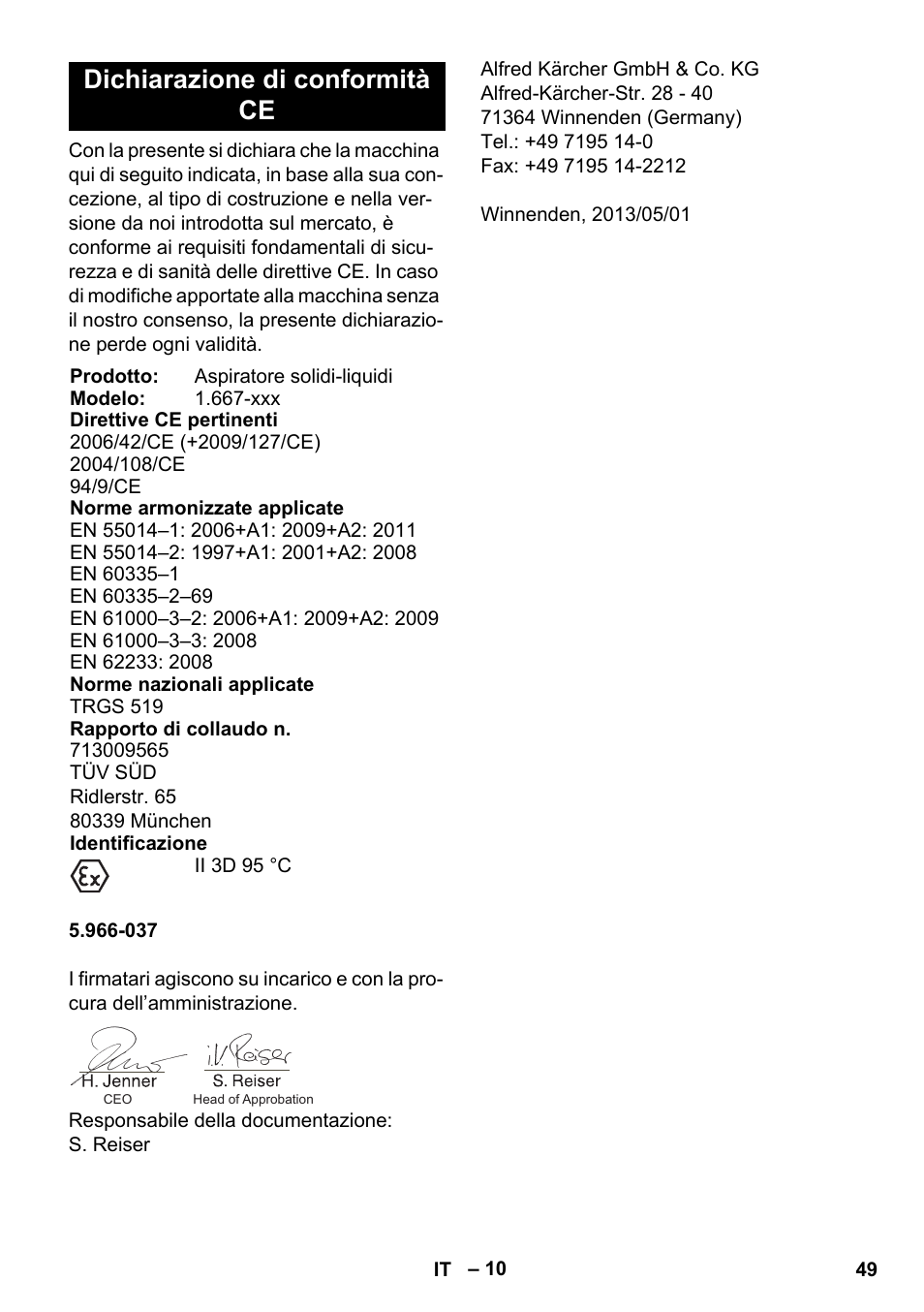 Dichiarazione di conformità ce | Karcher NT 75-1 Tact Me Te H S Z2 User Manual | Page 49 / 300