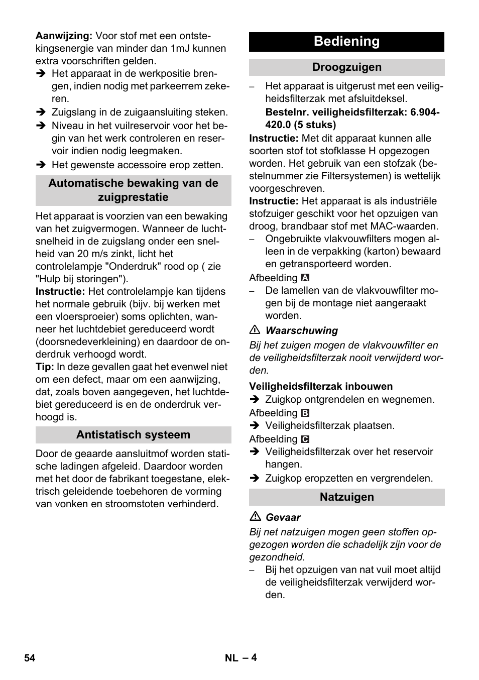 Bediening | Karcher NT 75-1 Tact Me Te H S Z2 User Manual | Page 54 / 300