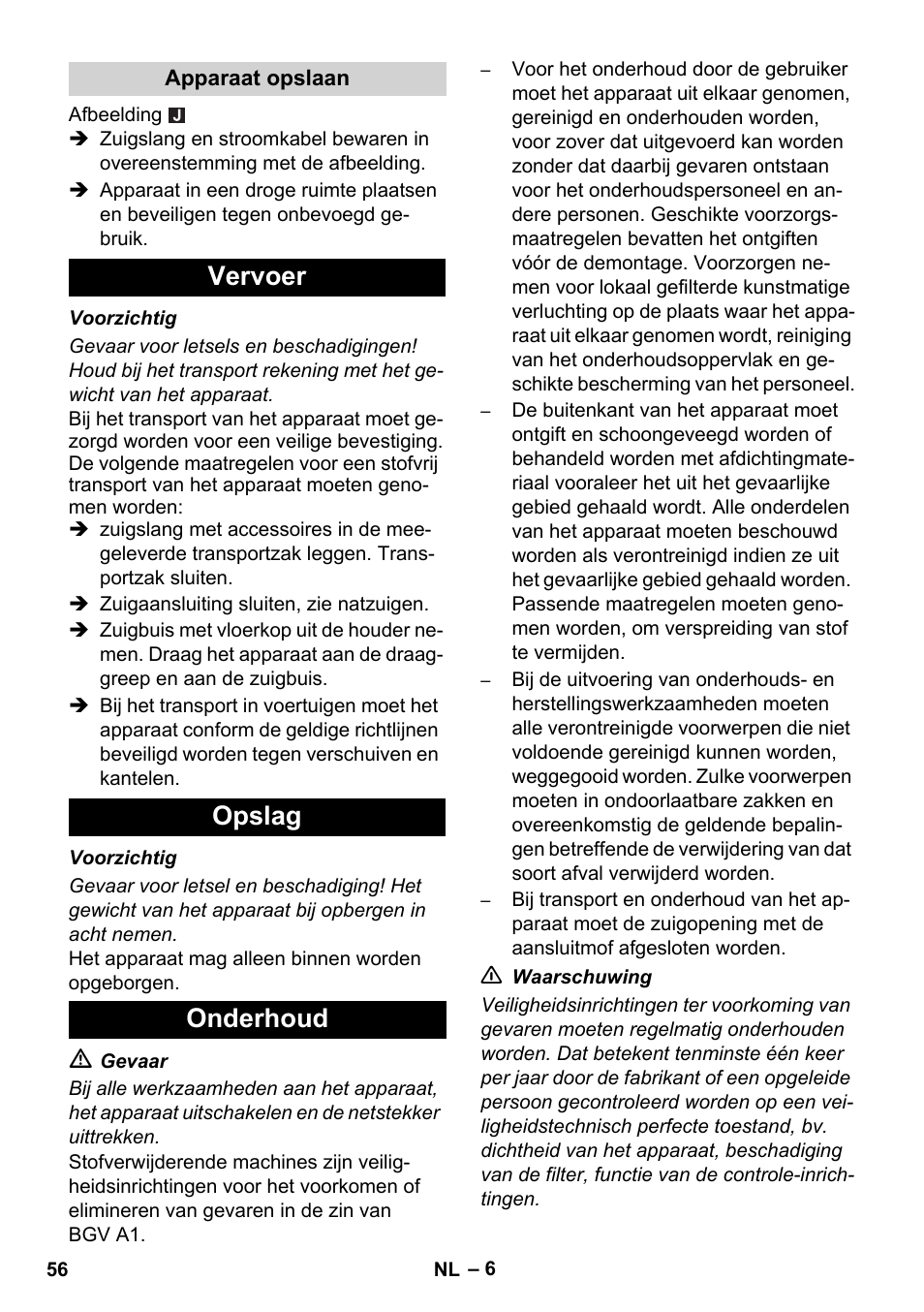 Vervoer opslag onderhoud | Karcher NT 75-1 Tact Me Te H S Z2 User Manual | Page 56 / 300