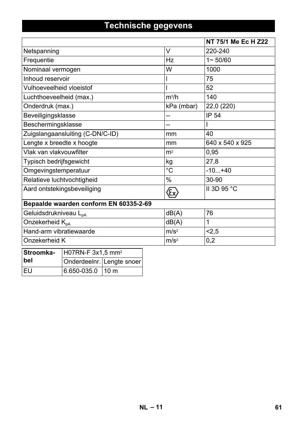 Technische gegevens | Karcher NT 75-1 Tact Me Te H S Z2 User Manual | Page 61 / 300