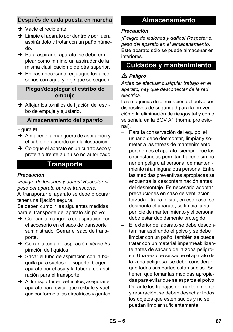 Transporte almacenamiento cuidados y mantenimiento | Karcher NT 75-1 Tact Me Te H S Z2 User Manual | Page 67 / 300