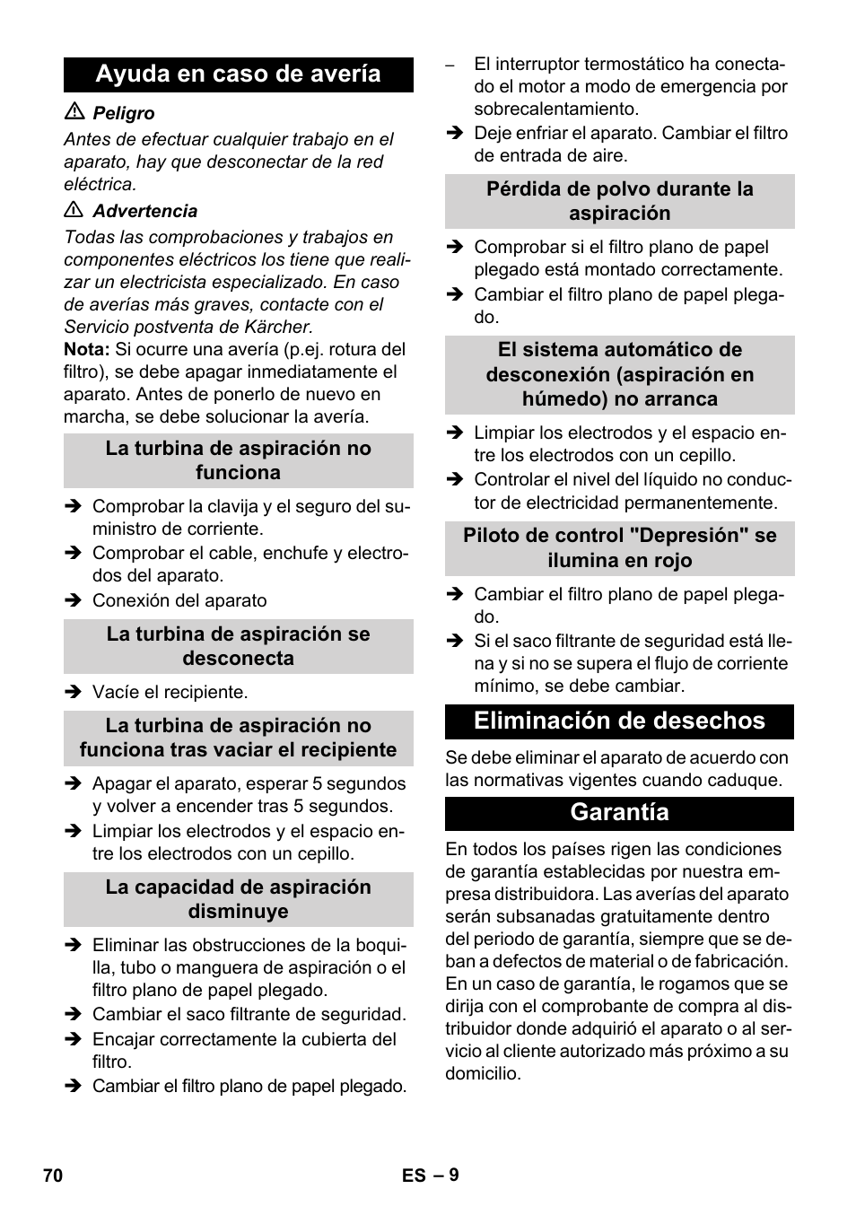 Ayuda en caso de avería, Eliminación de desechos garantía | Karcher NT 75-1 Tact Me Te H S Z2 User Manual | Page 70 / 300