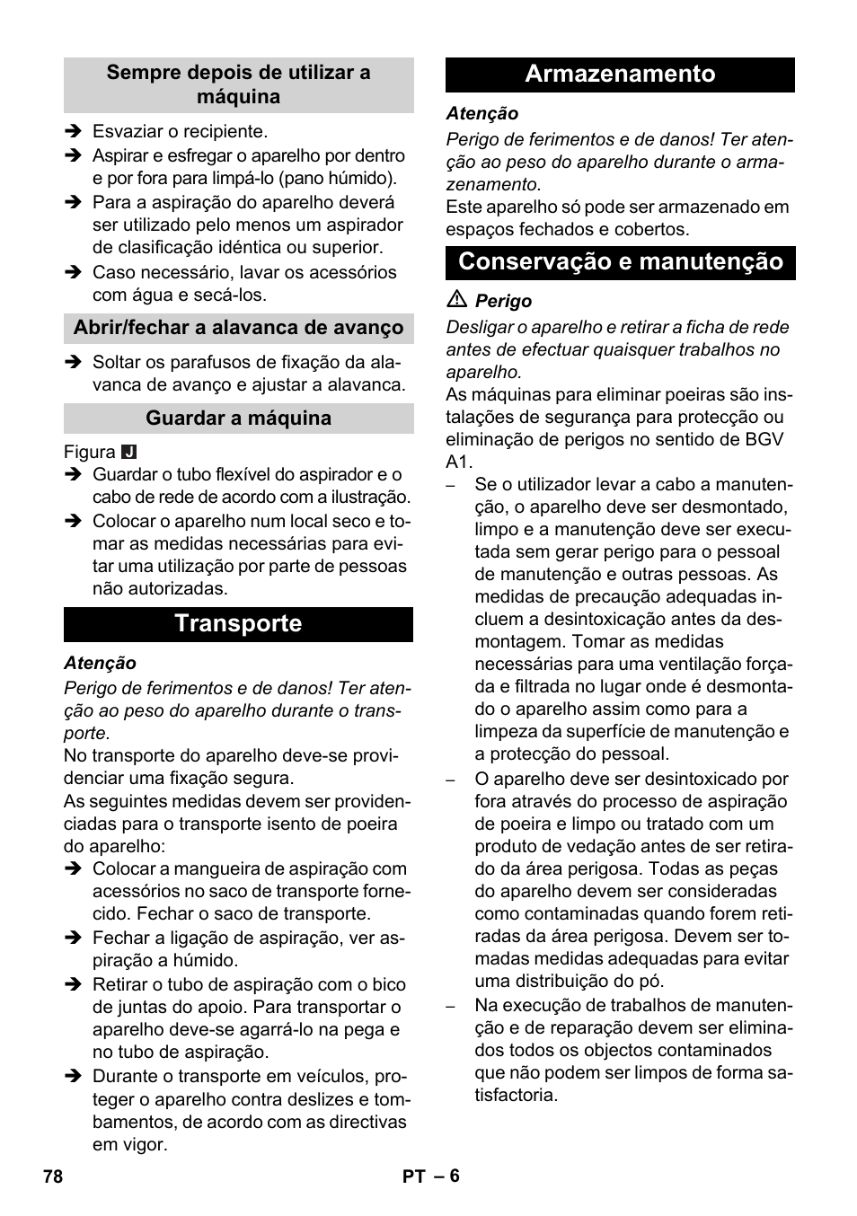 Transporte armazenamento conservação e manutenção | Karcher NT 75-1 Tact Me Te H S Z2 User Manual | Page 78 / 300